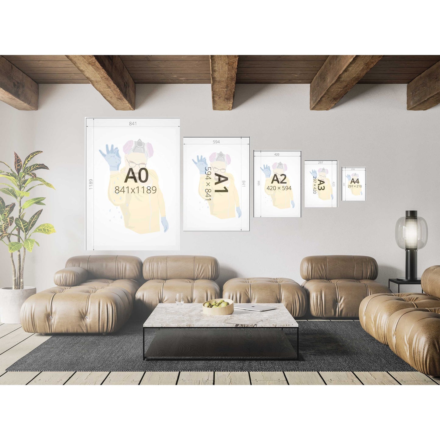Richard Abram Illustration of Walter white from Breaking Bad in the style of Salt Bae, wearing a yellow jump suit sprinkling blue crystals. Illustration Digital Print, Wall Art, Minimalist. Displayed in different sizes.