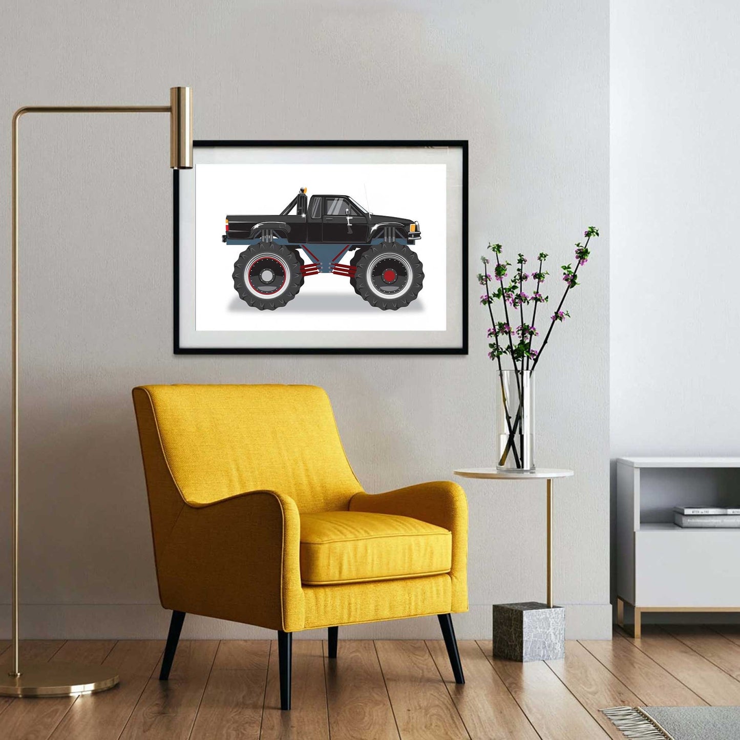 Custom Car Illustration, Monster Truck Themed Back to the Future Digital Art, Toyota Pickup Car Illustration, Minimalist Car Poster Art