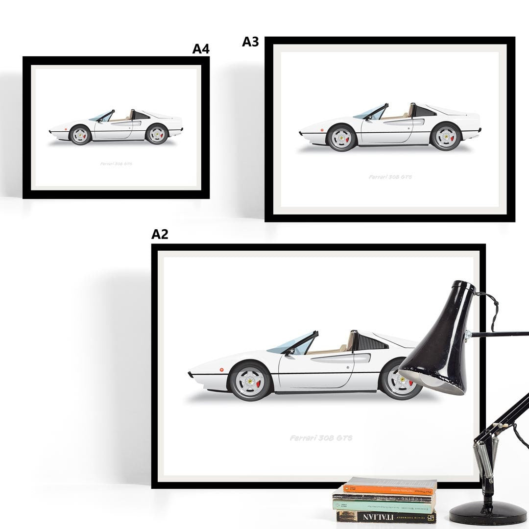 Ferrari 308 GTS - Magnum PI Car - Car Illustration, Handmade Artwork Print, Wall Art, Poster