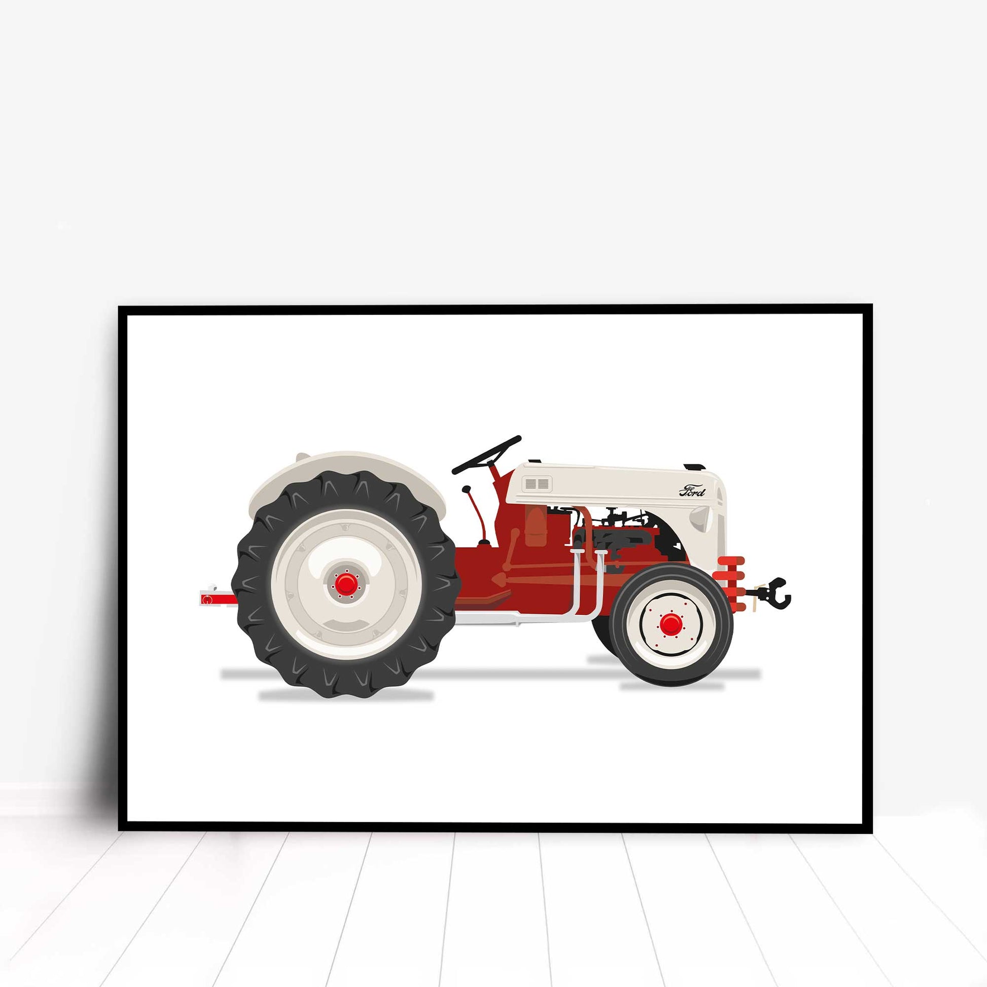 minimalist illustration of a red vintage 1952 Ford 8N Tractor