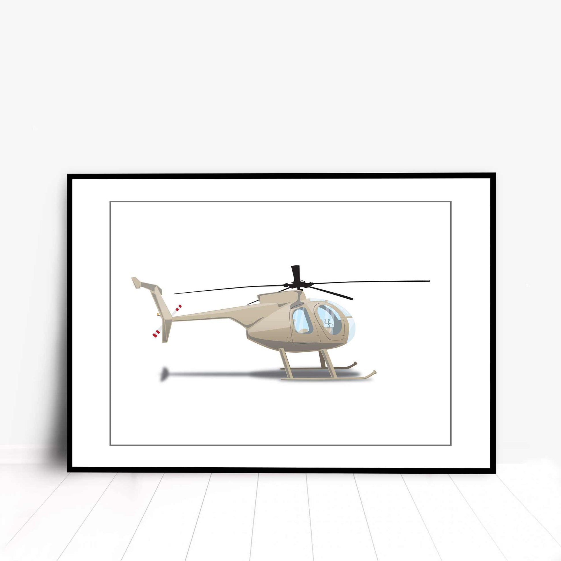 A Hughes 369D Helicopter, it is an Illustration of the helicopter vehicle featured in the A-Team TV series from the 80s