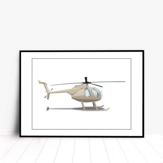 A Hughes 369D Helicopter, it is an Illustration of the helicopter vehicle featured in the A-Team TV series from the 80s