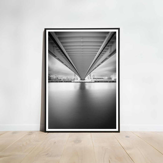 Under the Bridge in Salford Quays Manchester, Media City printed in black and white.