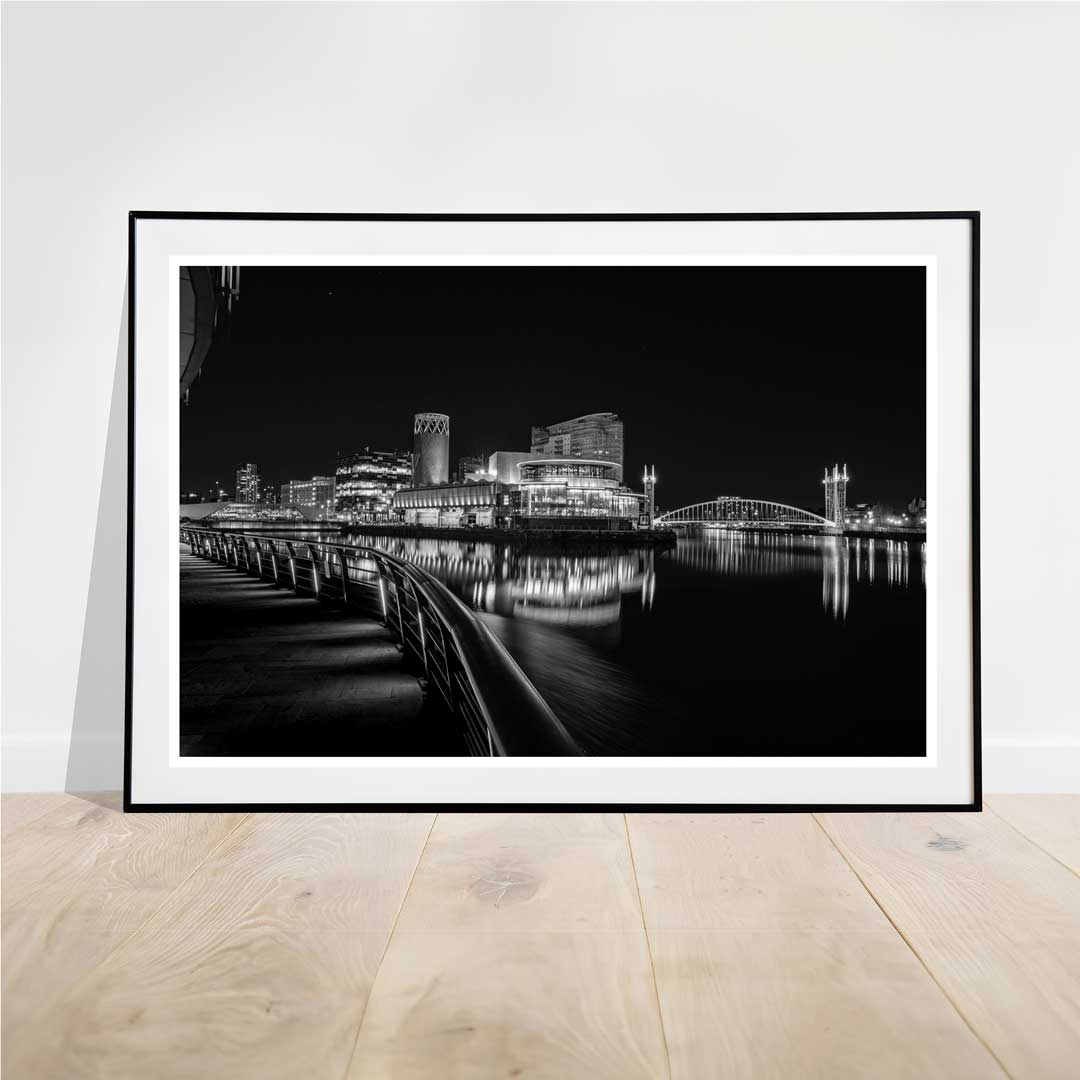The Lowry Theatre and the Millennium Bridge Salford Quays Manchester, Media City, printed in black and white.