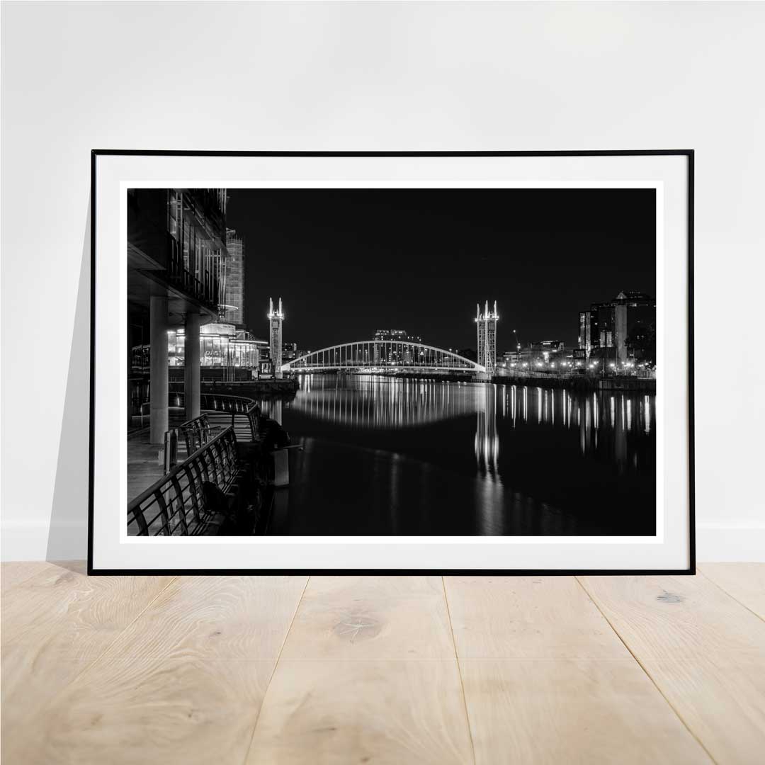 The Millennium Bridge Salford Quays Manchester, Media City, printed in Black and White.