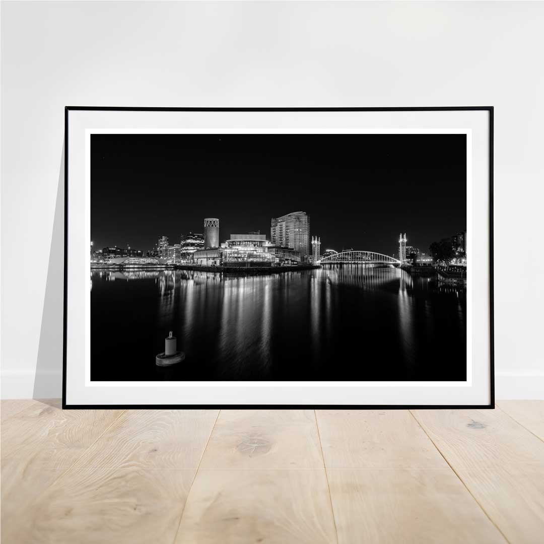 The Lowry Theatre and the Millennium Bridge Salford Quays Manchester, Media City, printed in black and white.