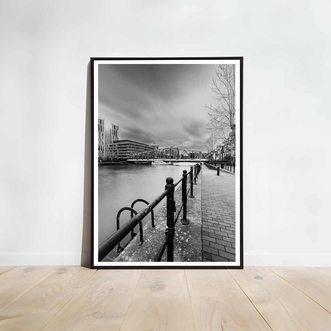 Iron Bridge in Salford Quays Manchester, Media City, printed in Black and White.