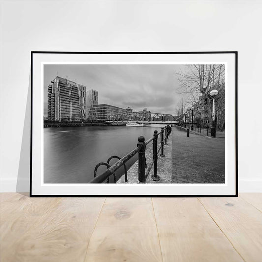 Iron Bridge in Salford Quays Manchester, Media City printed in black and white.