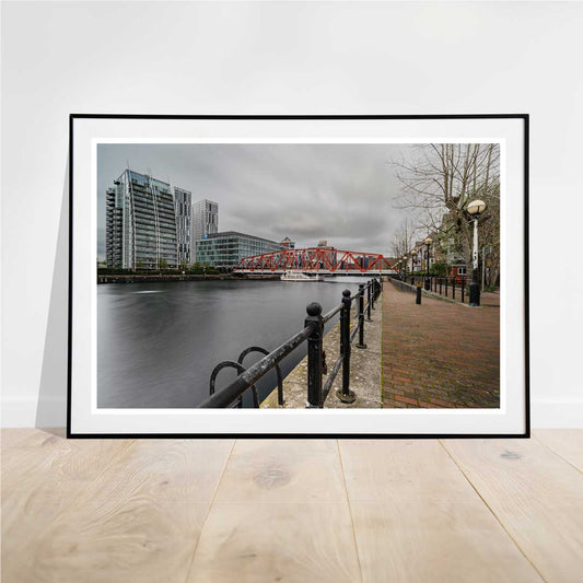 Iron Bridge in Salford Quays Manchester, Media City printed in colour.