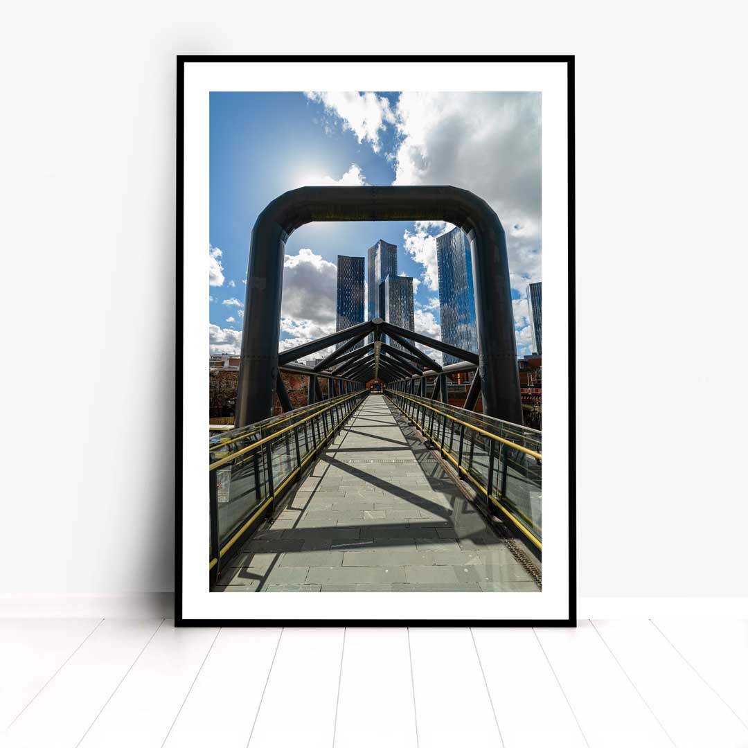 This is a photographic print of the Manchester Deansgate-Castlefield Bridge that connects the Castlefield tram stop to the Deansgate train station.
