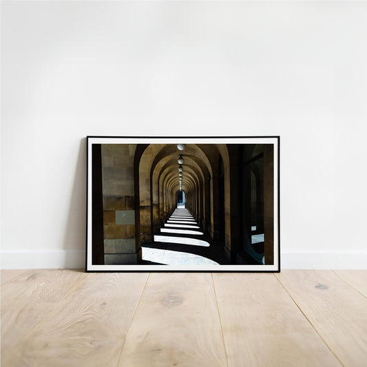 This is a photographic print of the archways at Manchester Town Hall.