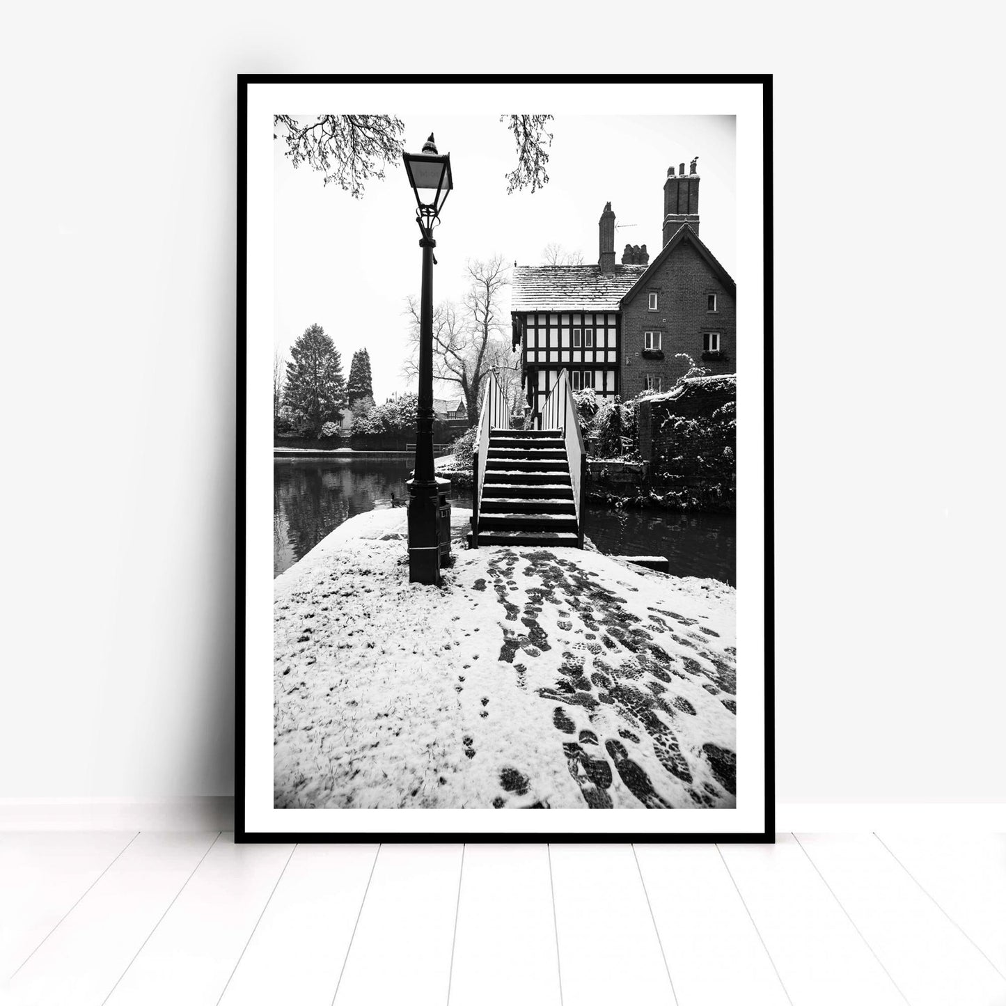 Photography by Richard Abram - Black and White Winter Photo of a Bridge with a Tudor building from Manchester (alphabet bridge in Worsley along Worsley canal)