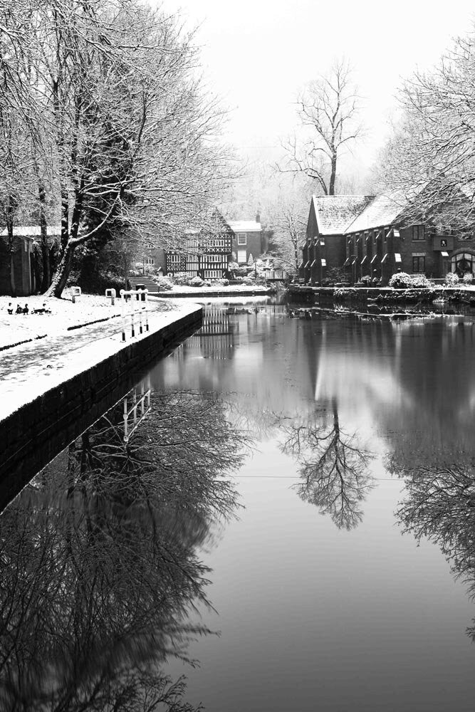 Richard Abram Photography - Black and White Winter Photo of the Packet House on Worsley Canal, Manchester UK Winter Photographic Fine Art Print A4, A3, A2