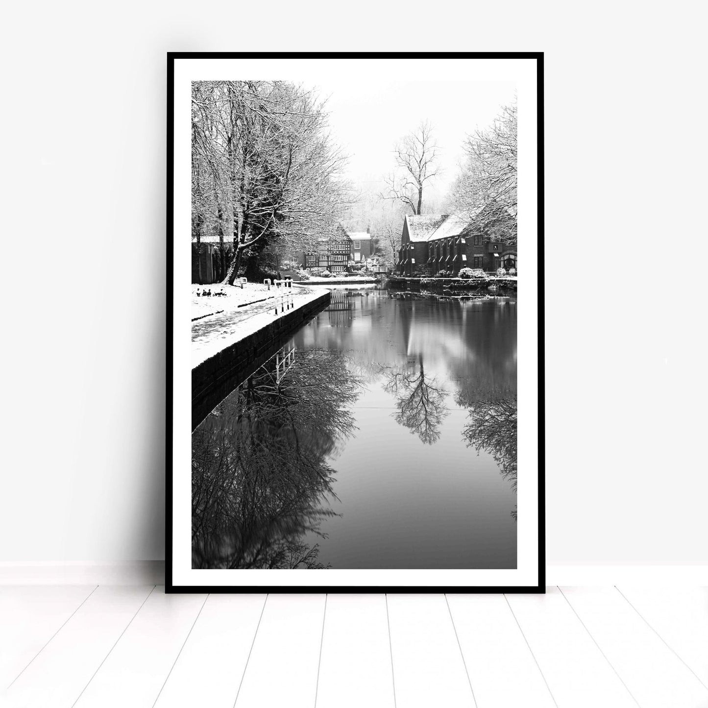 Richard Abram Photography - Black and White Winter Photo of the Packet House on Worsley Canal, Manchester UK Winter Photographic Fine Art Print A4, A3, A2