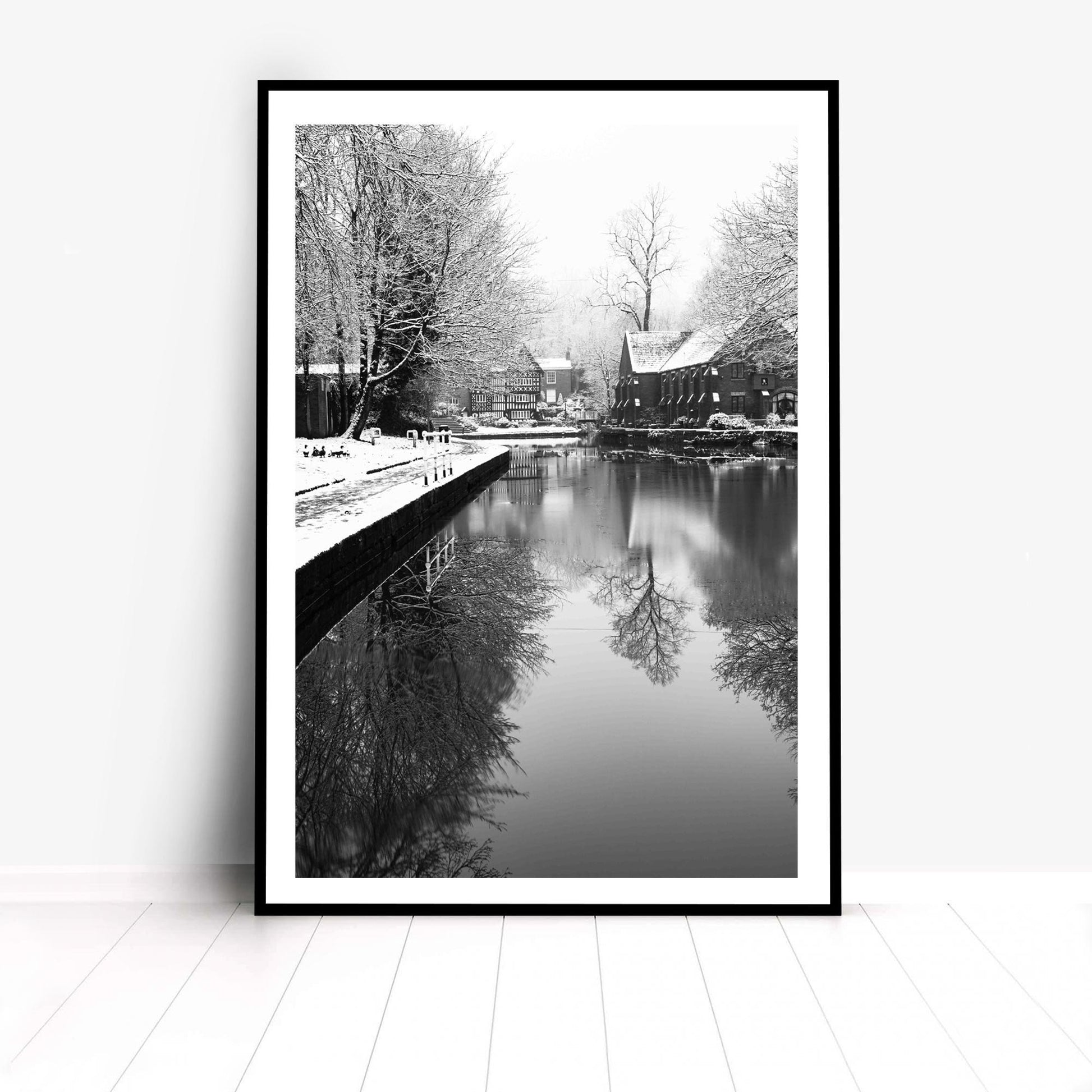 Richard Abram Photography - Black and White Winter Photo of the Packet House on Worsley Canal, Manchester UK Winter Photographic Fine Art Print A4, A3, A2
