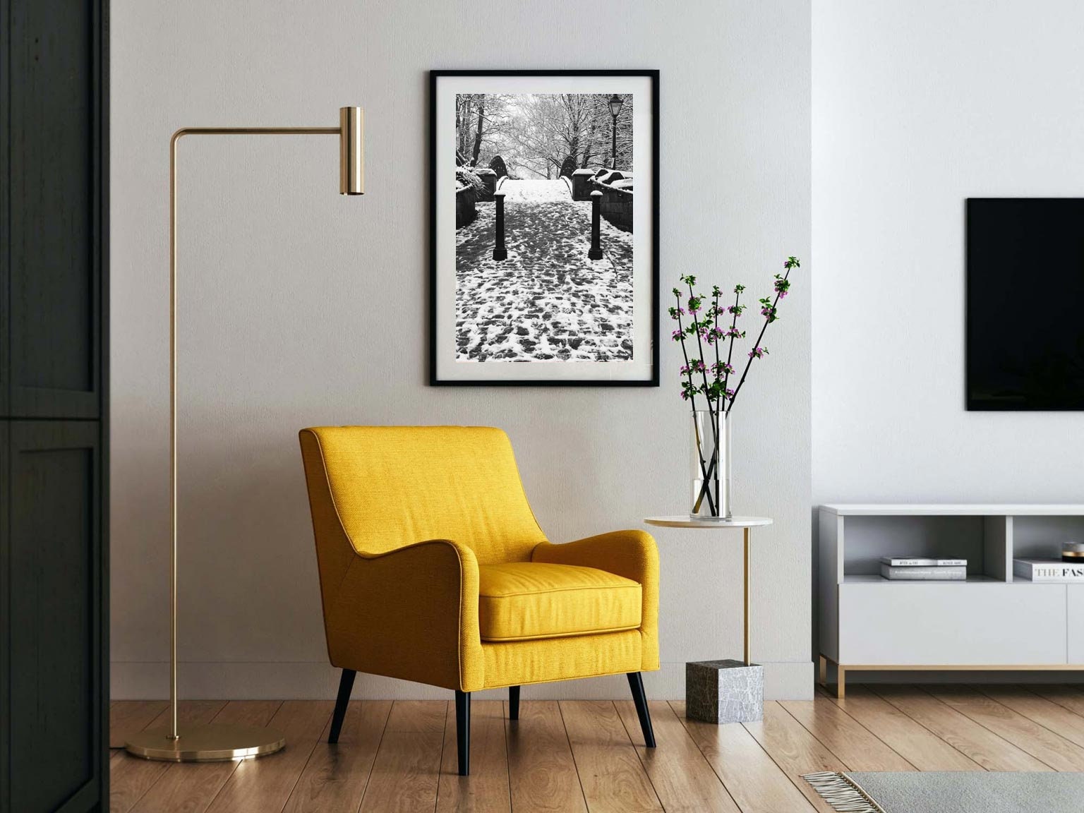 Richard Abram Photography - The photographic scenic print was taken on the Worsley canal in Greater Manchester. Taken on a wintery morning day. The image shows a snow scene with the cast-iron footbridge covered in winter snowy footprints.