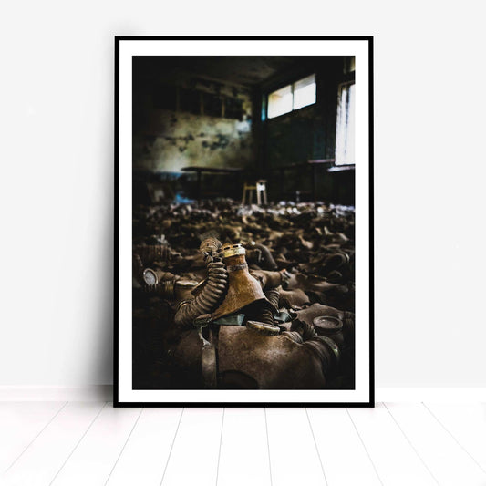 Richard Abram Photography - Photographic print of urbex photography taken in Pripyat, Chernobyl, Ukraine.
Image shows gas masks covering the floor.