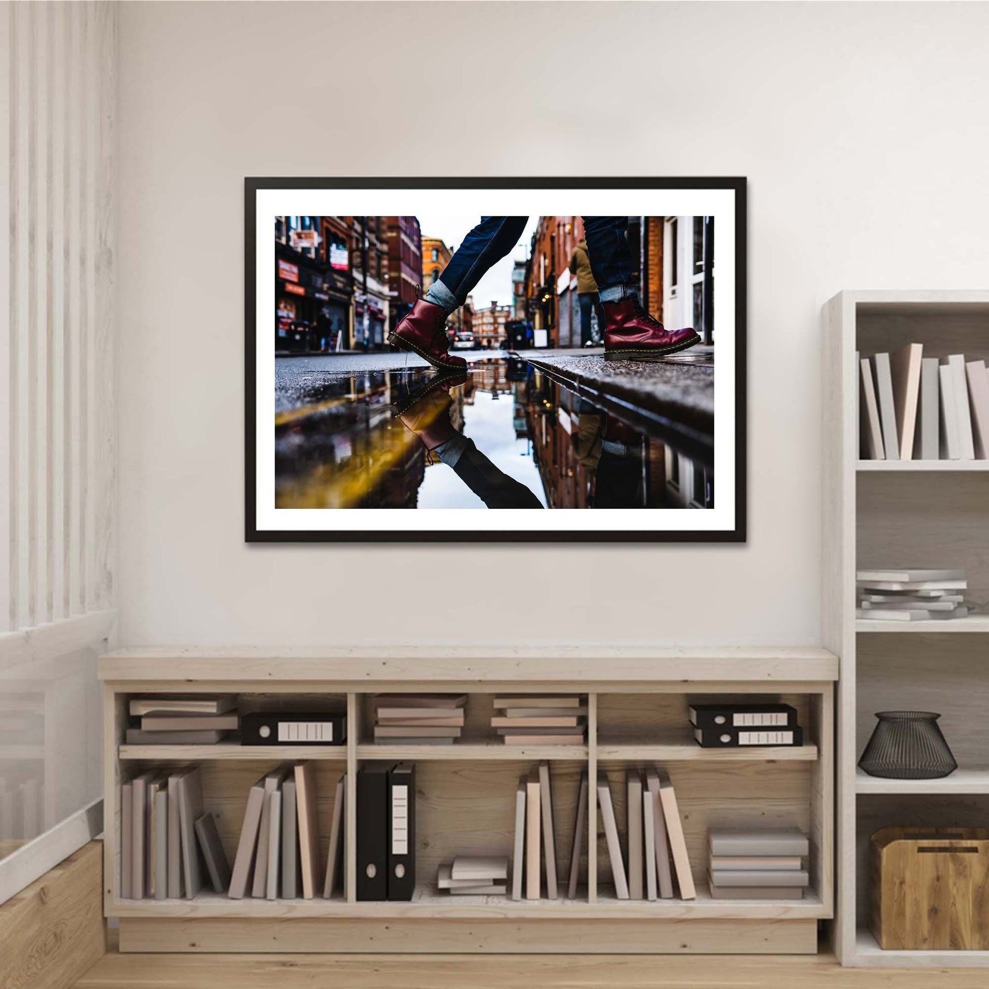 Richard Abram Photography - Street Photography Red Boots Reflection in a puddle with yellow lines leading into the distance. Digital Photography Fine Art Print A4, A3, A2