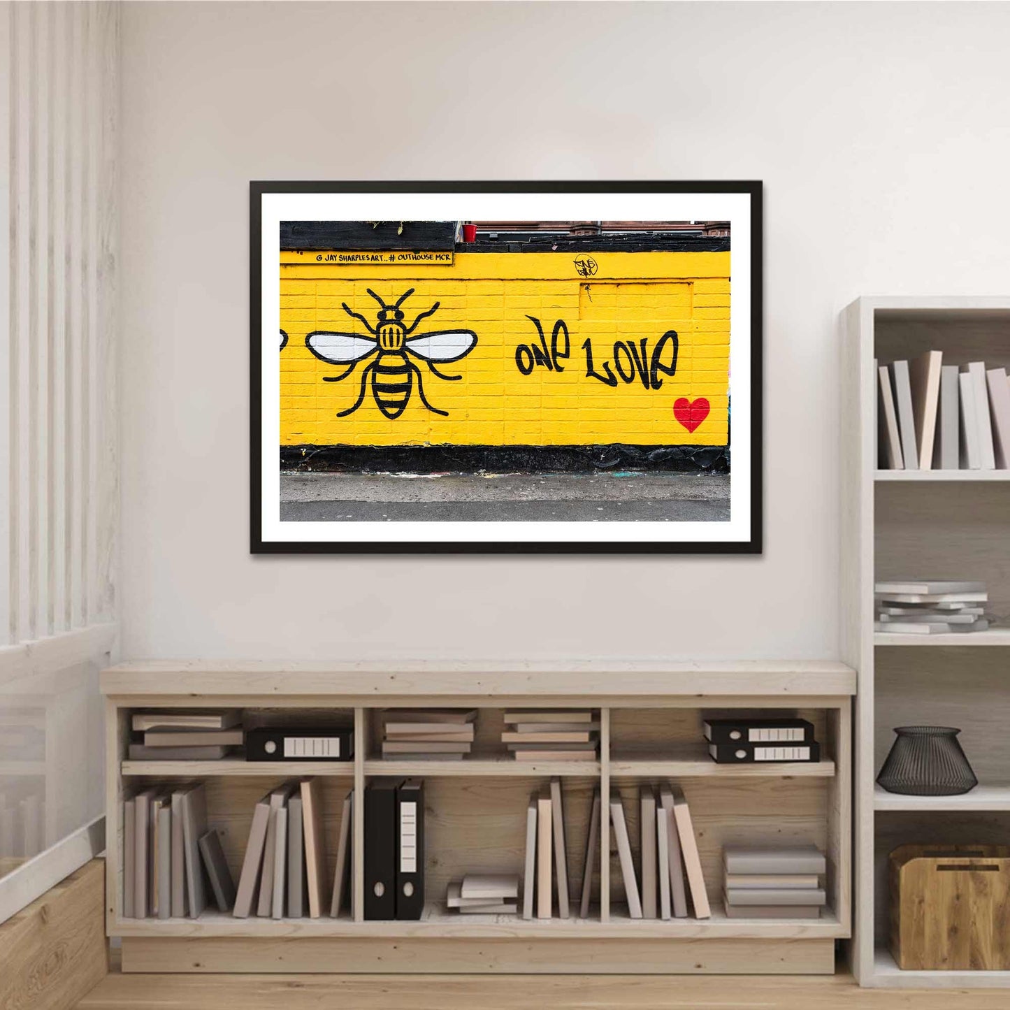 Richard Abram Photography - Photographic print of One Love Manchester Bee Mural Street Photograph, taken in Manchester, England, UK.