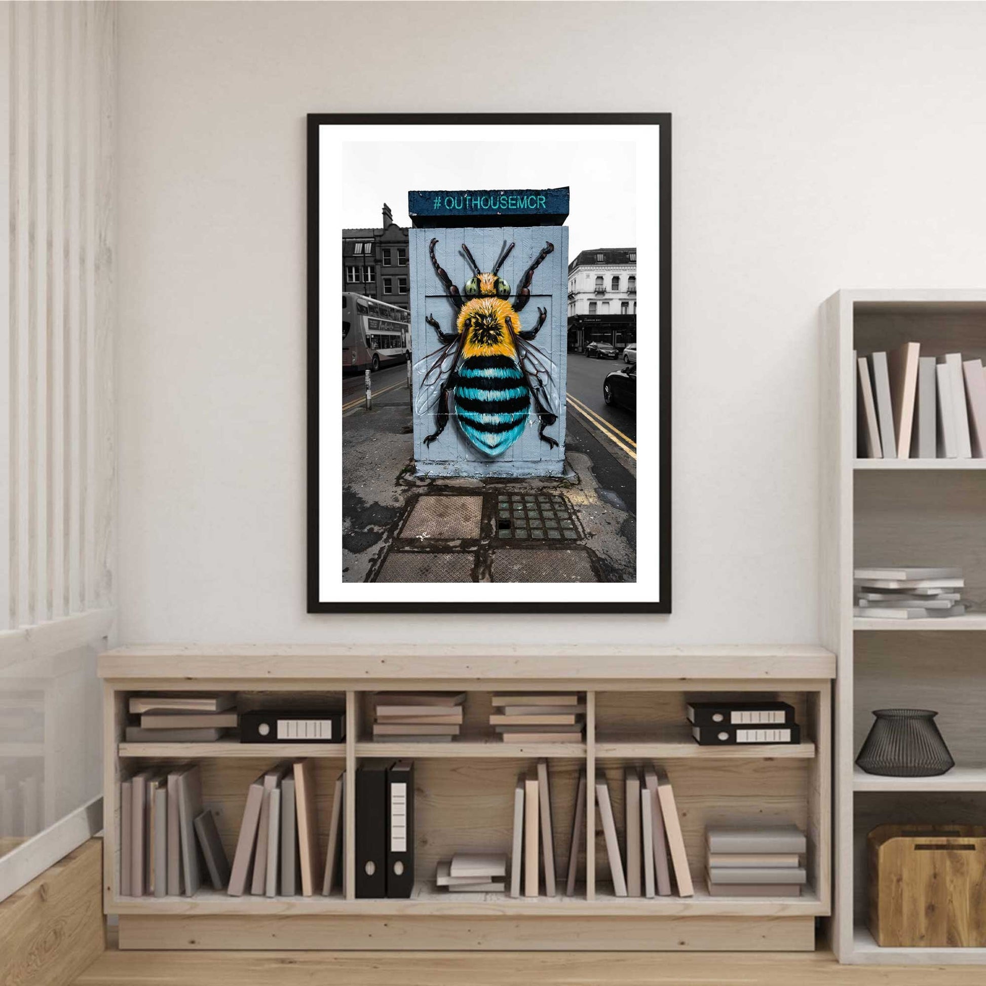 Richard abram Photography - Yellow and Blue Bee graffiti art on a wall, Street Photography, Fine Art Photo, Wall Art, Manchester photo, Manchester print, City Print, UK City A4, A3, A2