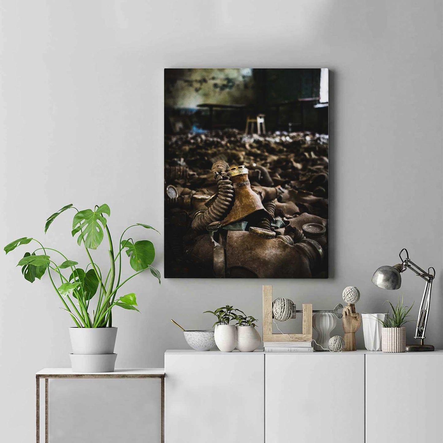Richard Abram Photography - Photographic print of urbex photography taken in Pripyat, Chernobyl, Ukraine.
Image shows gas masks covering the floor.