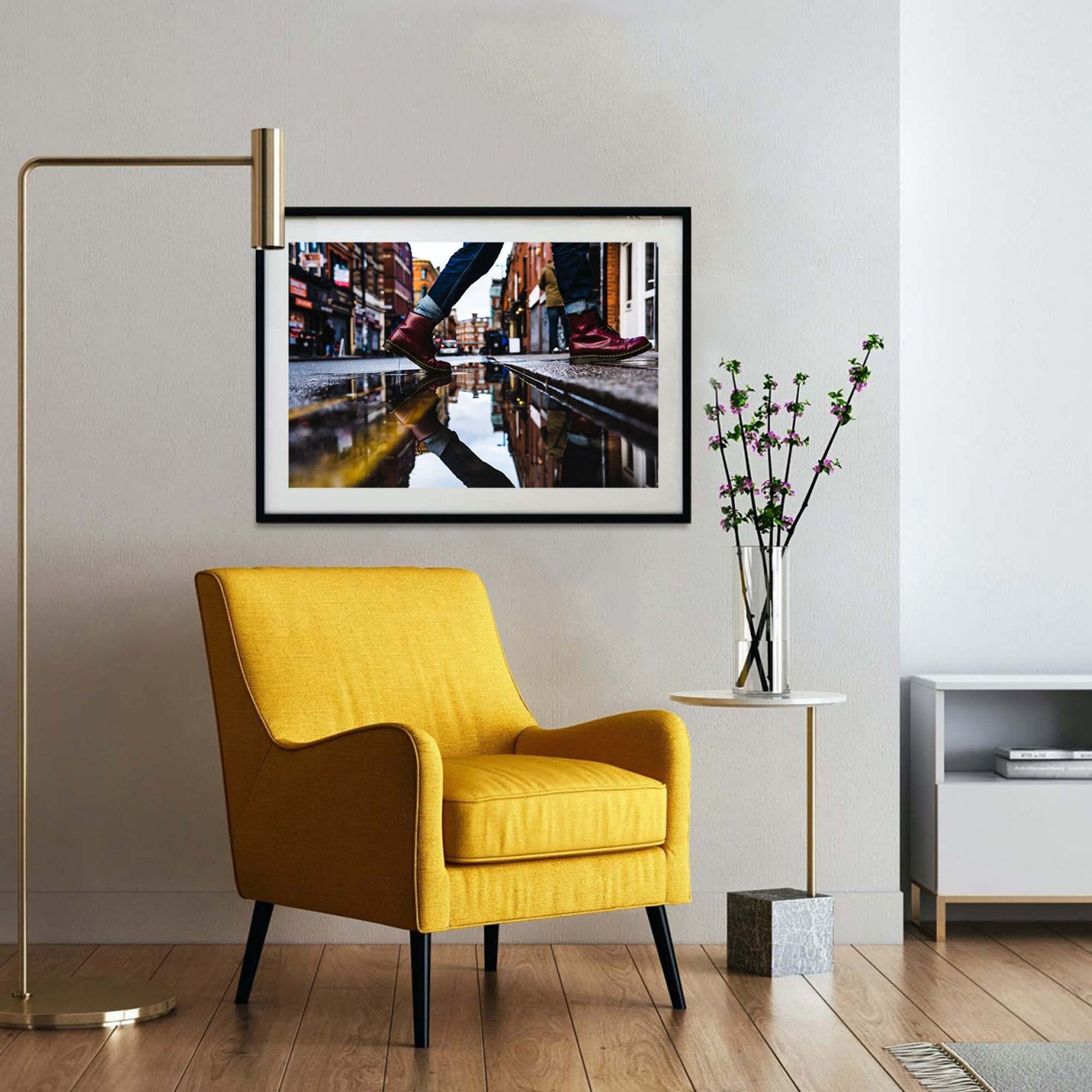 Richard Abram Photography - Street Photography Red Boots Reflection in a puddle with yellow lines leading into the distance. Digital Photography Fine Art Print A4, A3, A2