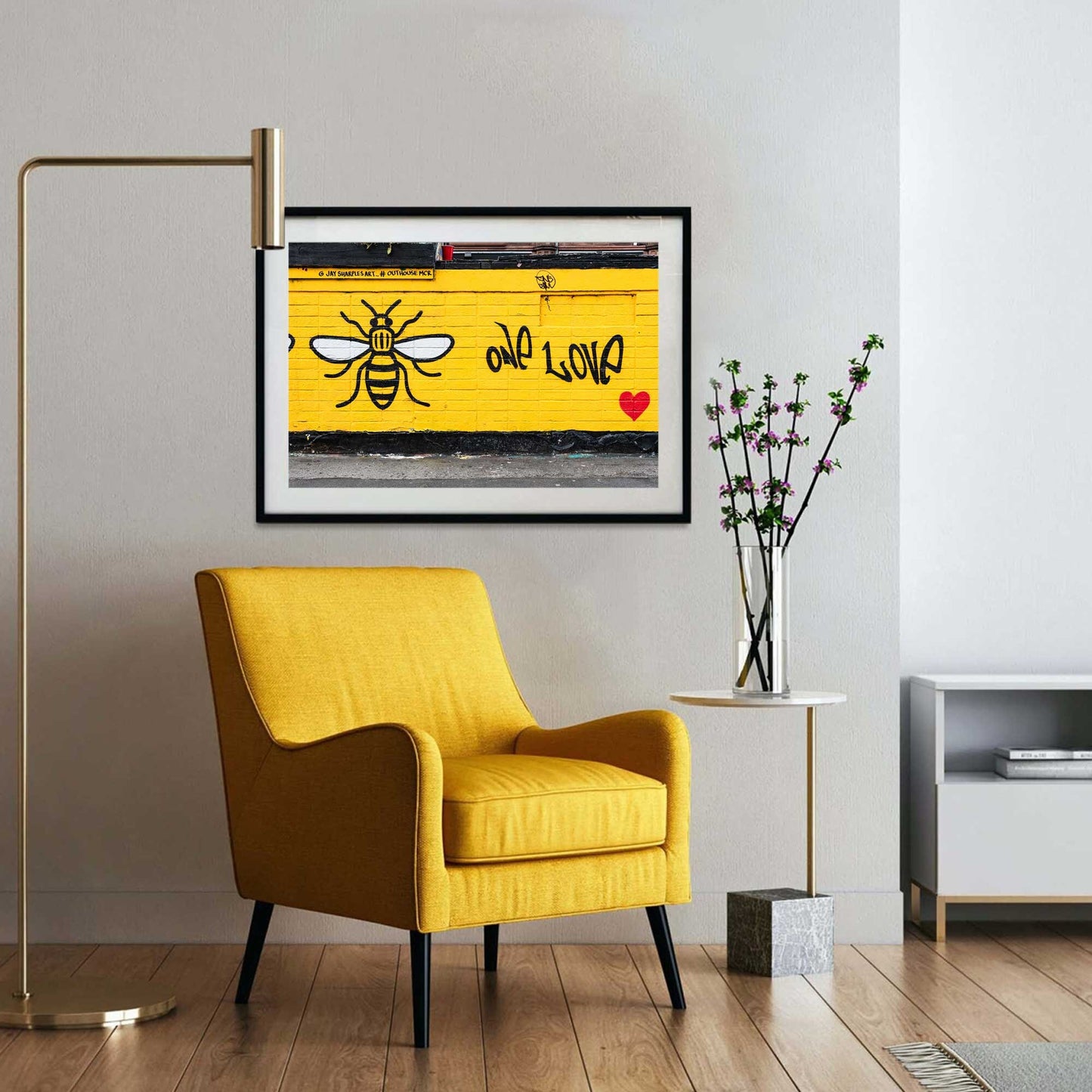 Richard Abram Photography - Photographic print of One Love Manchester Bee Mural Street Photograph, taken in Manchester, England, UK.