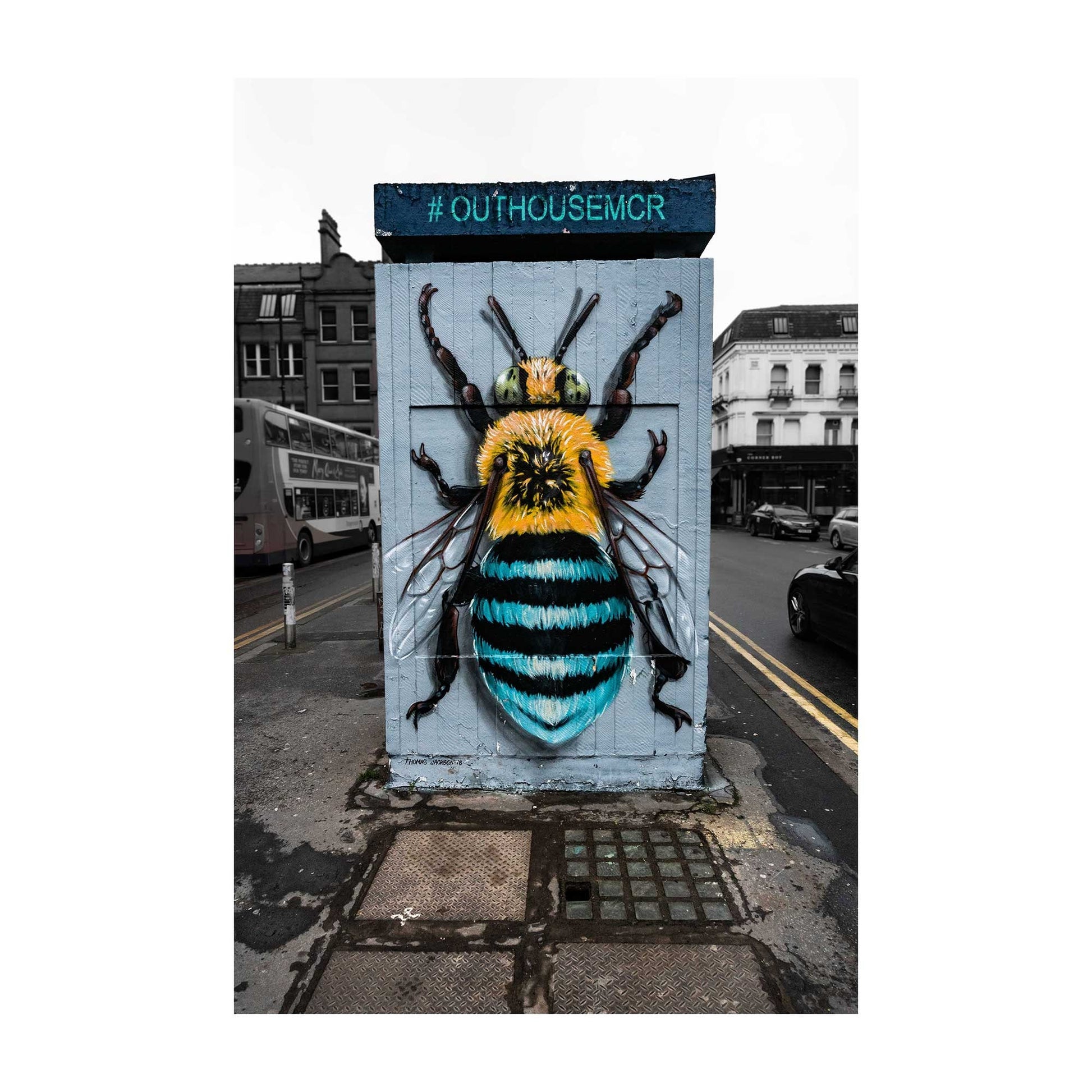 Richard abram Photography - Yellow and Blue Bee graffiti art on a wall, Street Photography, Fine Art Photo, Wall Art, Manchester photo, Manchester print, City Print, UK City A4, A3, A2