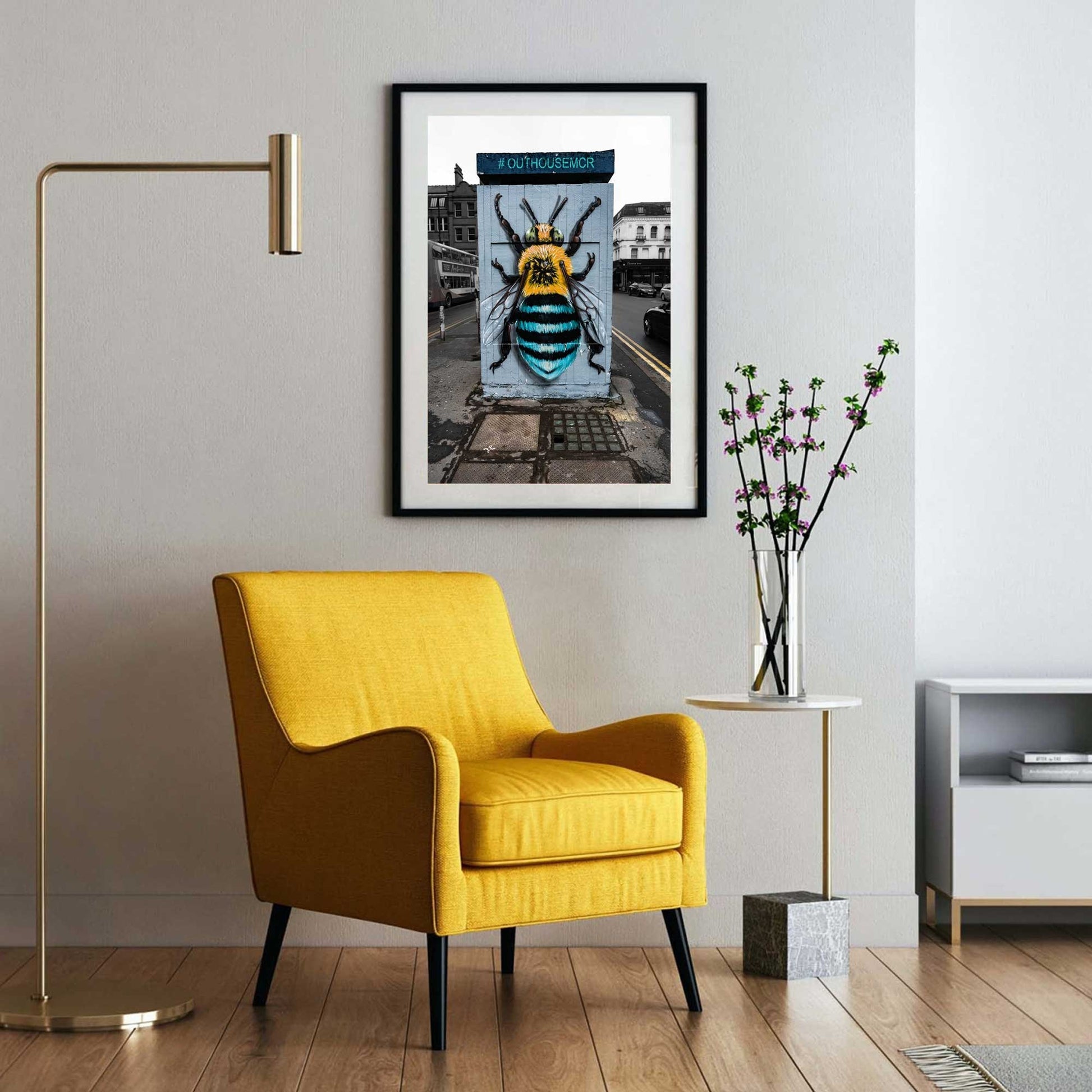 Richard abram Photography - Yellow and Blue Bee graffiti art on a wall, Street Photography, Fine Art Photo, Wall Art, Manchester photo, Manchester print, City Print, UK City A4, A3, A2