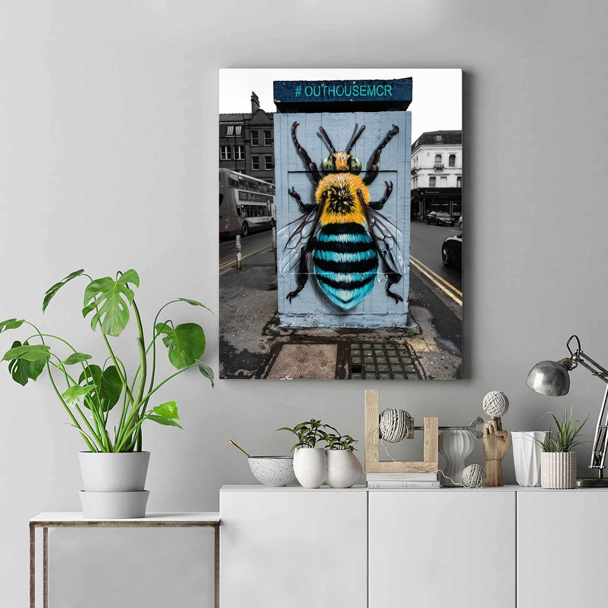 Richard abram Photography - Yellow and Blue Bee graffiti art on a wall, Street Photography, Fine Art Photo, Wall Art, Manchester photo, Manchester print, City Print, UK City A4, A3, A2