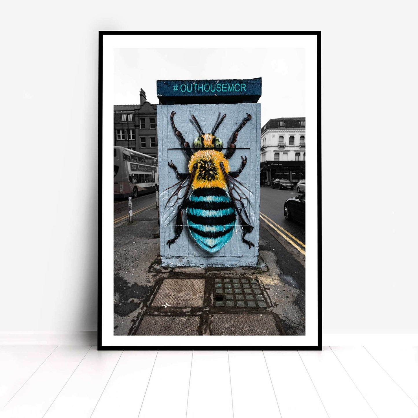 Richard abram Photography - Yellow and Blue Bee graffiti art on a wall, Street Photography, Fine Art Photo, Wall Art, Manchester photo, Manchester print, City Print, UK City A4, A3, A2