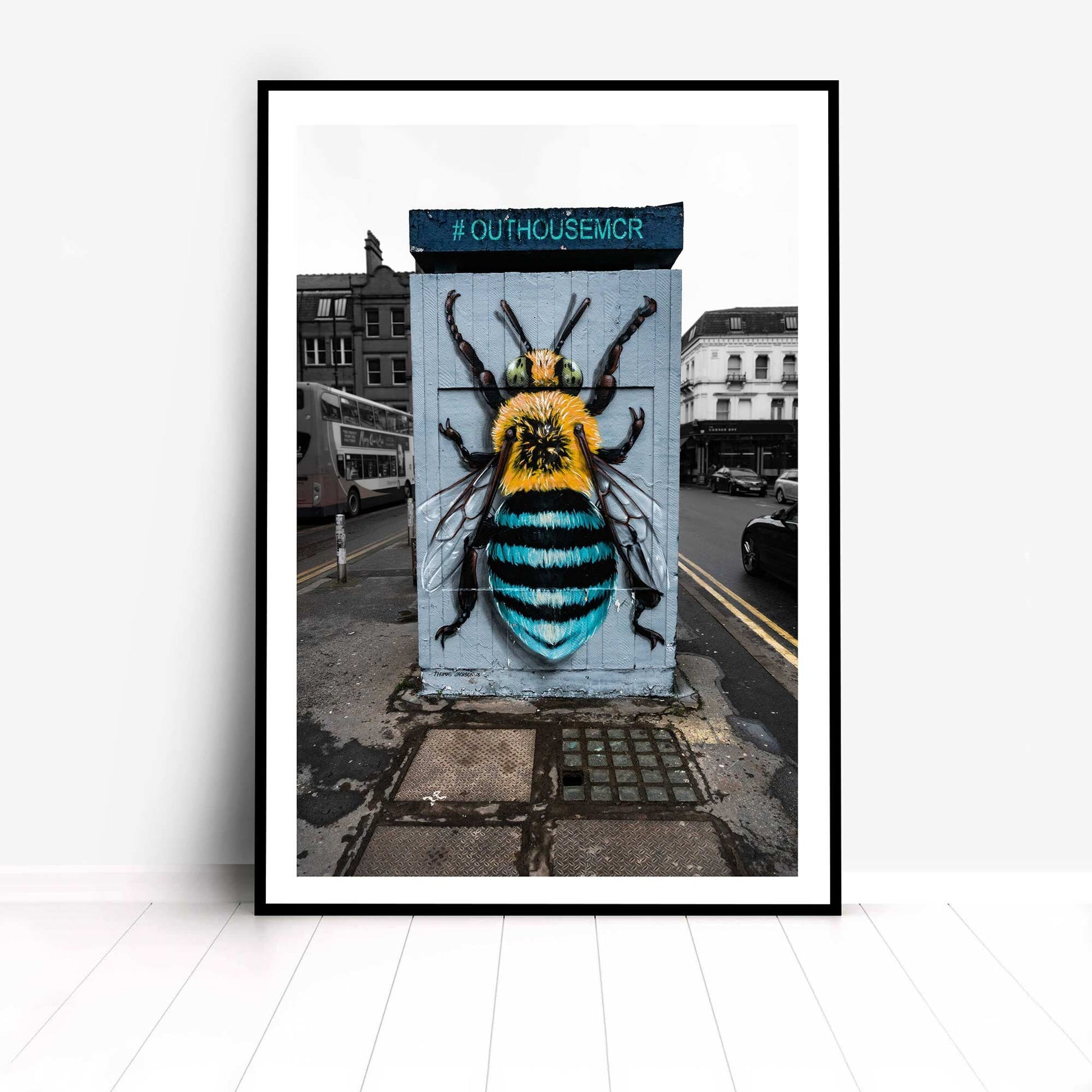 Richard abram Photography - Yellow and Blue Bee graffiti art on a wall, Street Photography, Fine Art Photo, Wall Art, Manchester photo, Manchester print, City Print, UK City A4, A3, A2