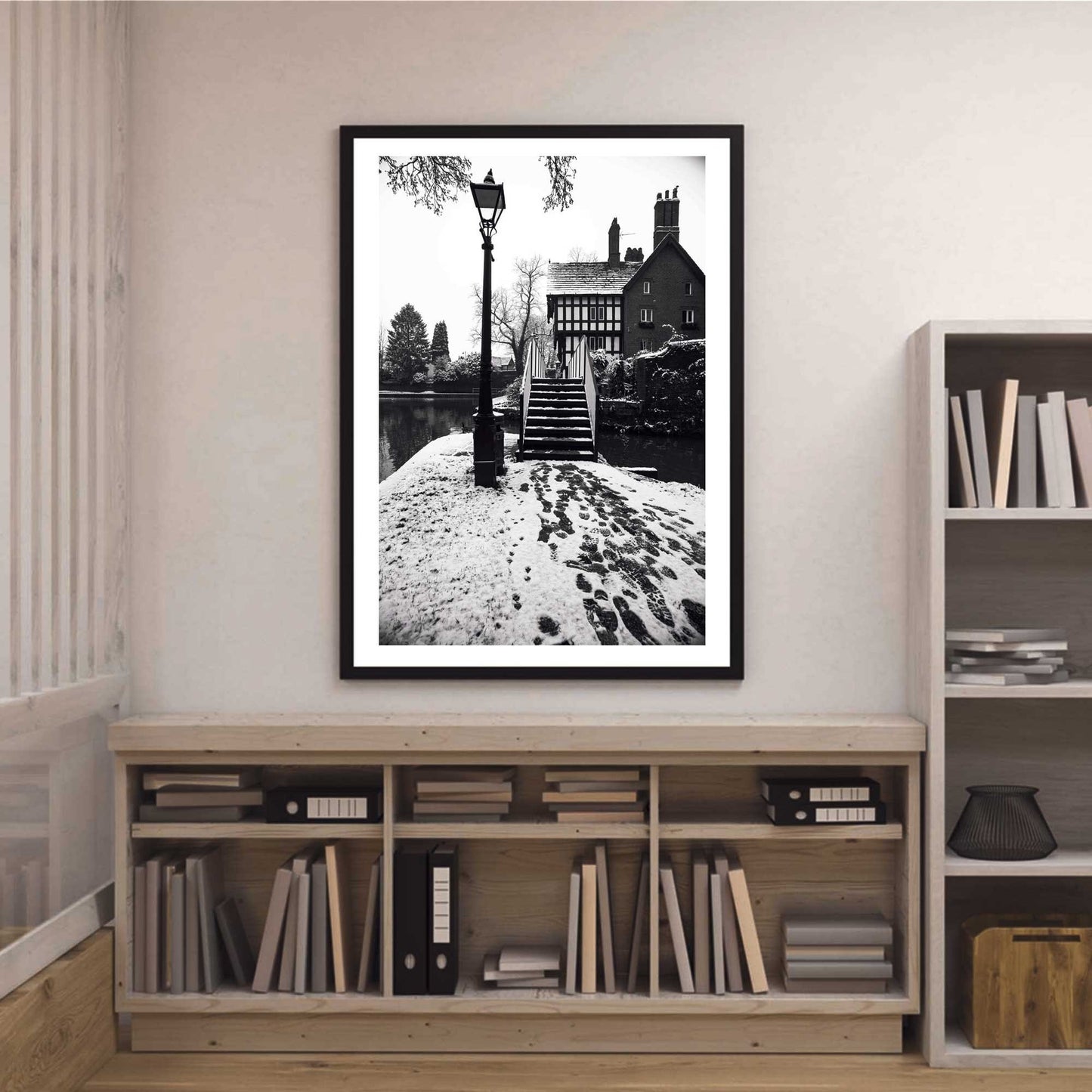Photography by Richard Abram - Black and White Winter Photo of a Bridge with a Tudor building from Manchester (alphabet bridge in Worsley along Worsley canal)
