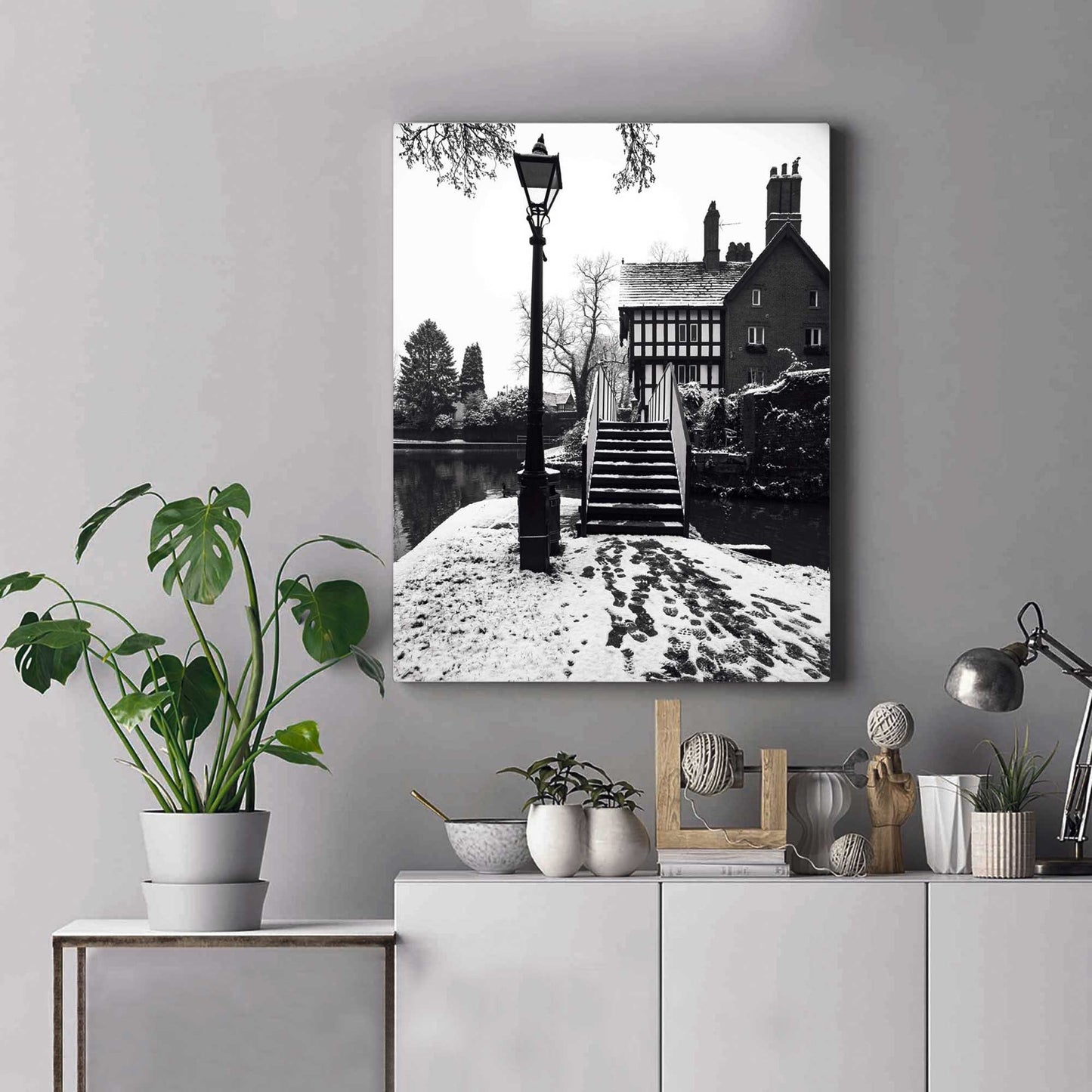 Photography by Richard Abram - Black and White Winter Photo of a Bridge with a Tudor building from Manchester (alphabet bridge in Worsley along Worsley canal)