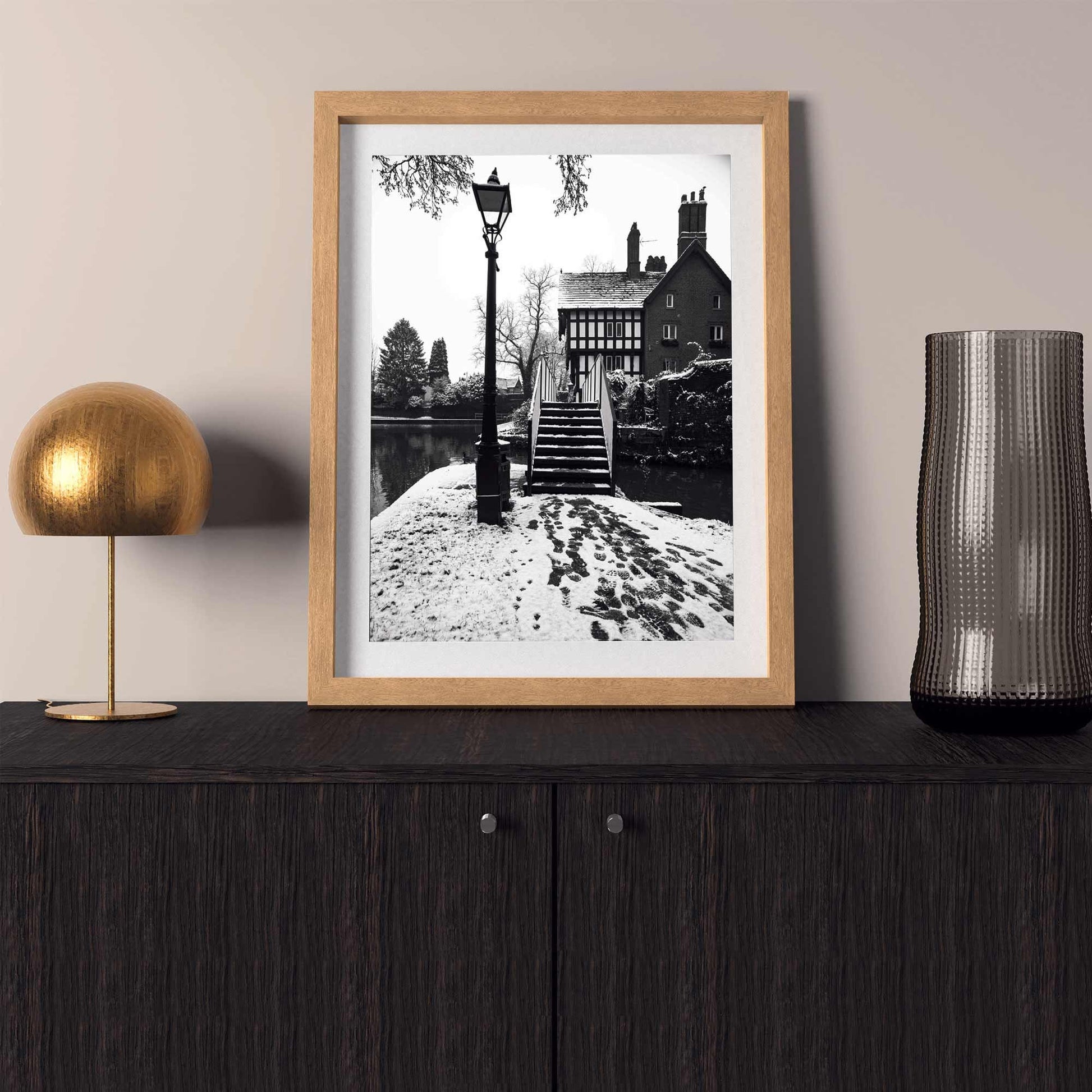 Photography by Richard Abram - Black and White Winter Photo of a Bridge with a Tudor building from Manchester (alphabet bridge in Worsley along Worsley canal)