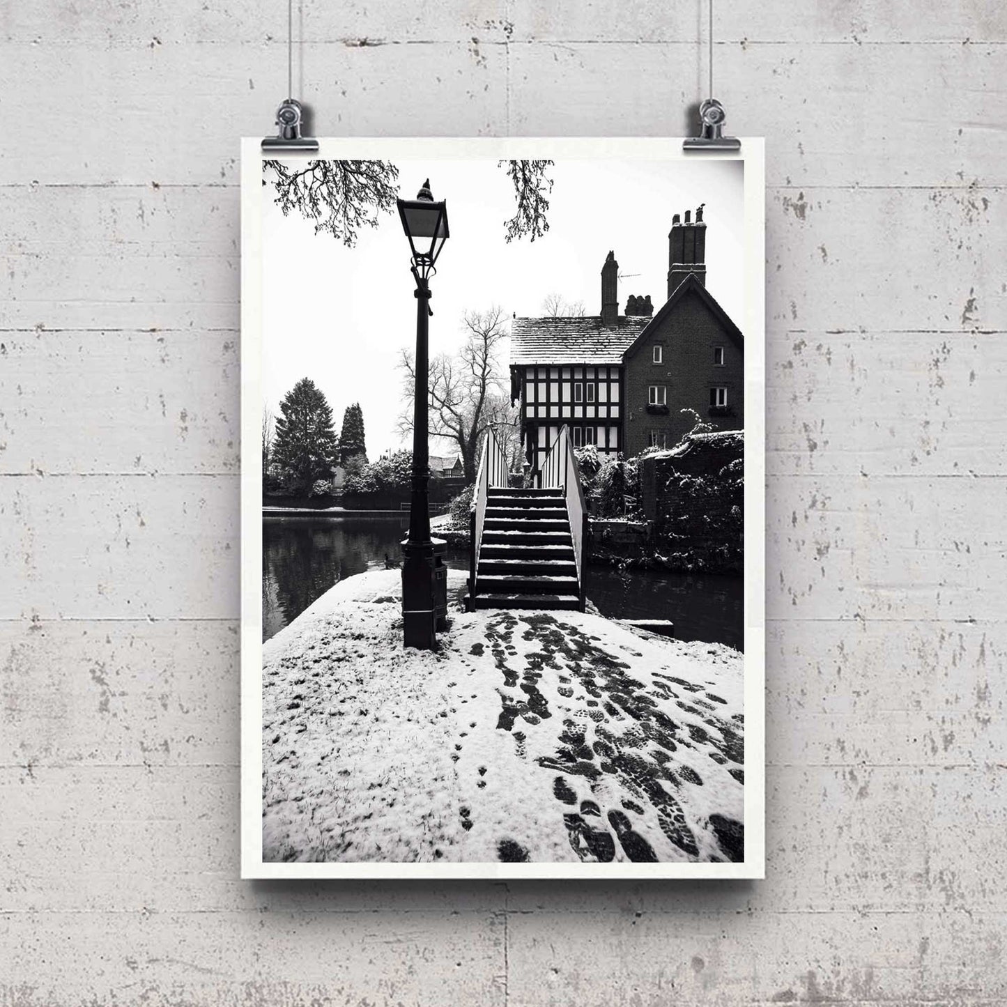Photography by Richard Abram - Black and White Winter Photo of a Bridge with a Tudor building from Manchester (alphabet bridge in Worsley along Worsley canal)
