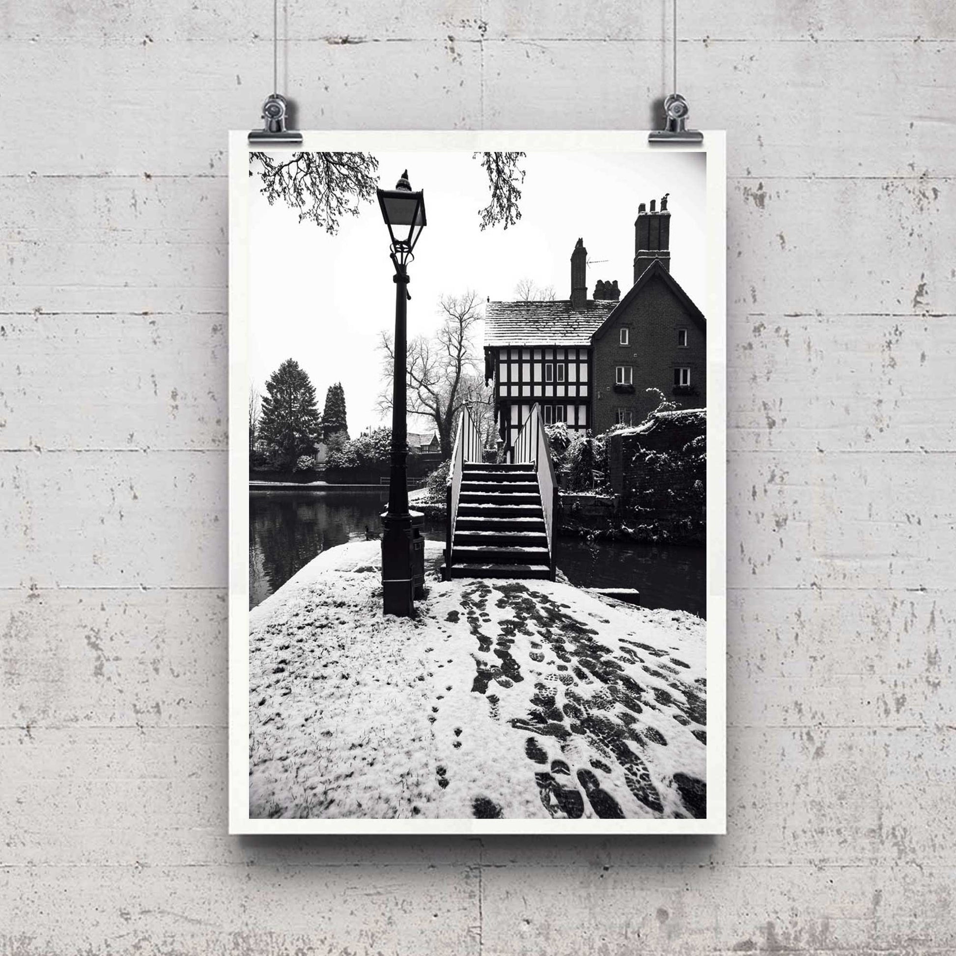 Photography by Richard Abram - Black and White Winter Photo of a Bridge with a Tudor building from Manchester (alphabet bridge in Worsley along Worsley canal)