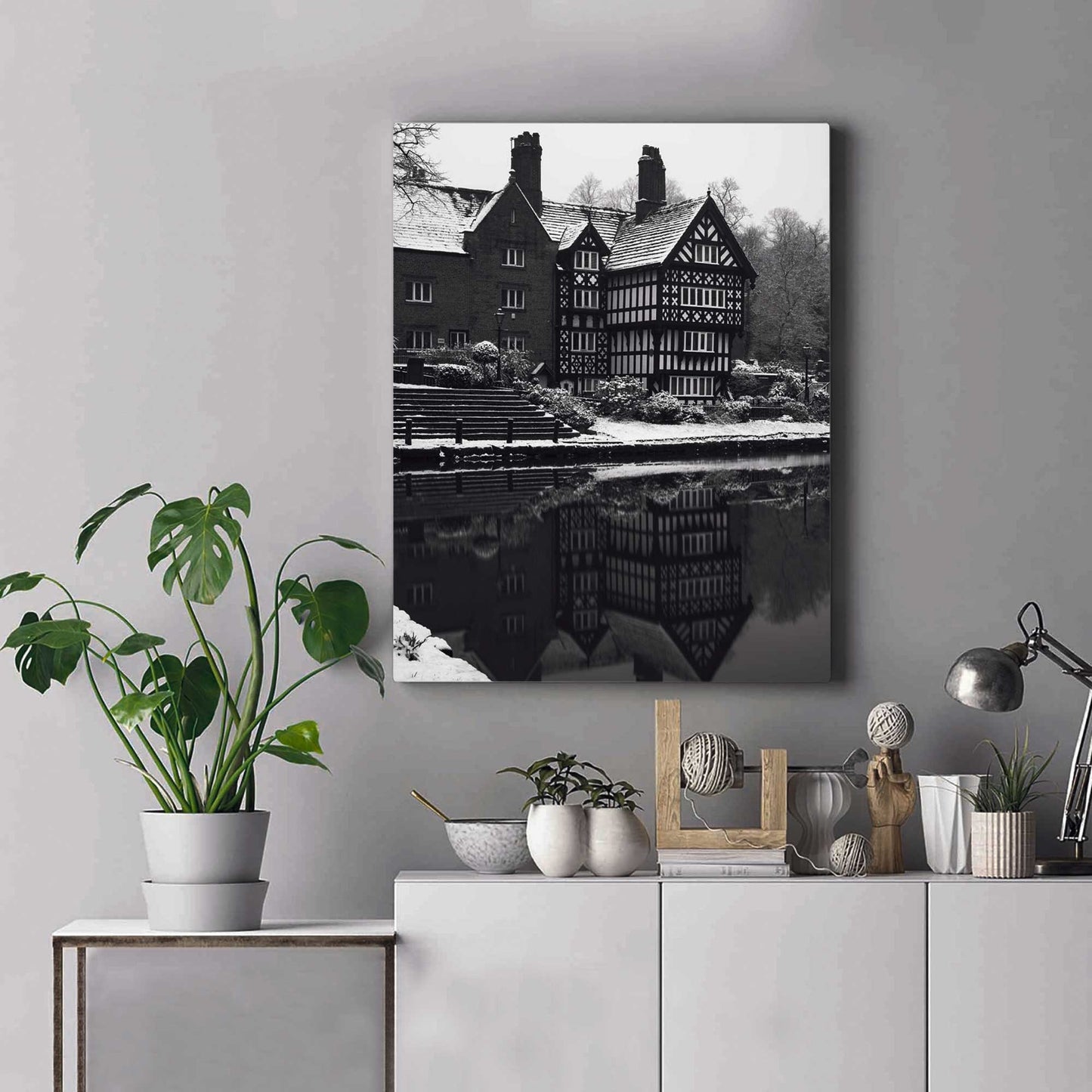 Black and White Winter Photo, Packet House on Worsley Canal Manchester, Snow Decor, Photographic Fine Art, Winter Themed Print A4, A3, A2