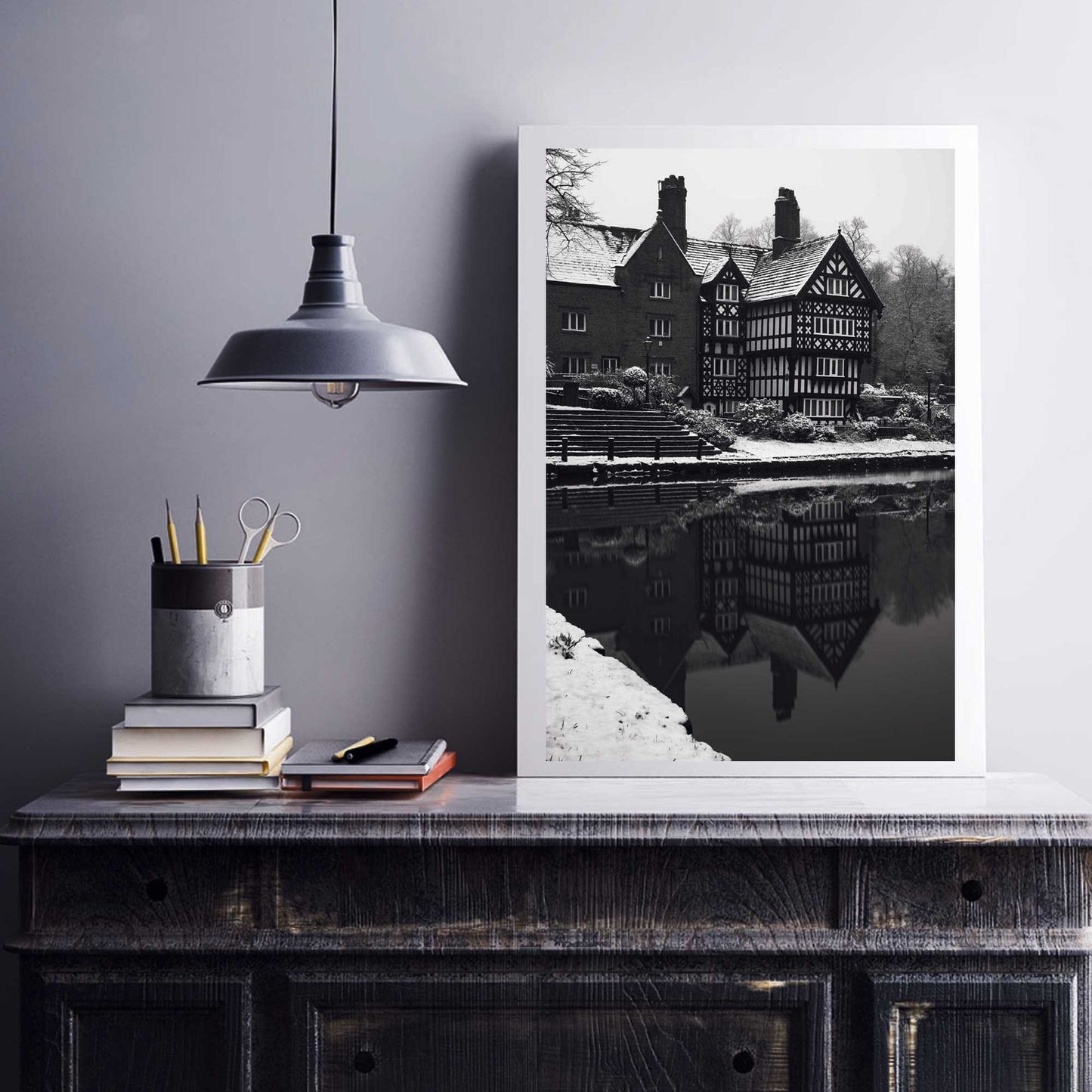 Black and White Winter Photo, Packet House on Worsley Canal Manchester, Snow Decor, Photographic Fine Art, Winter Themed Print A4, A3, A2