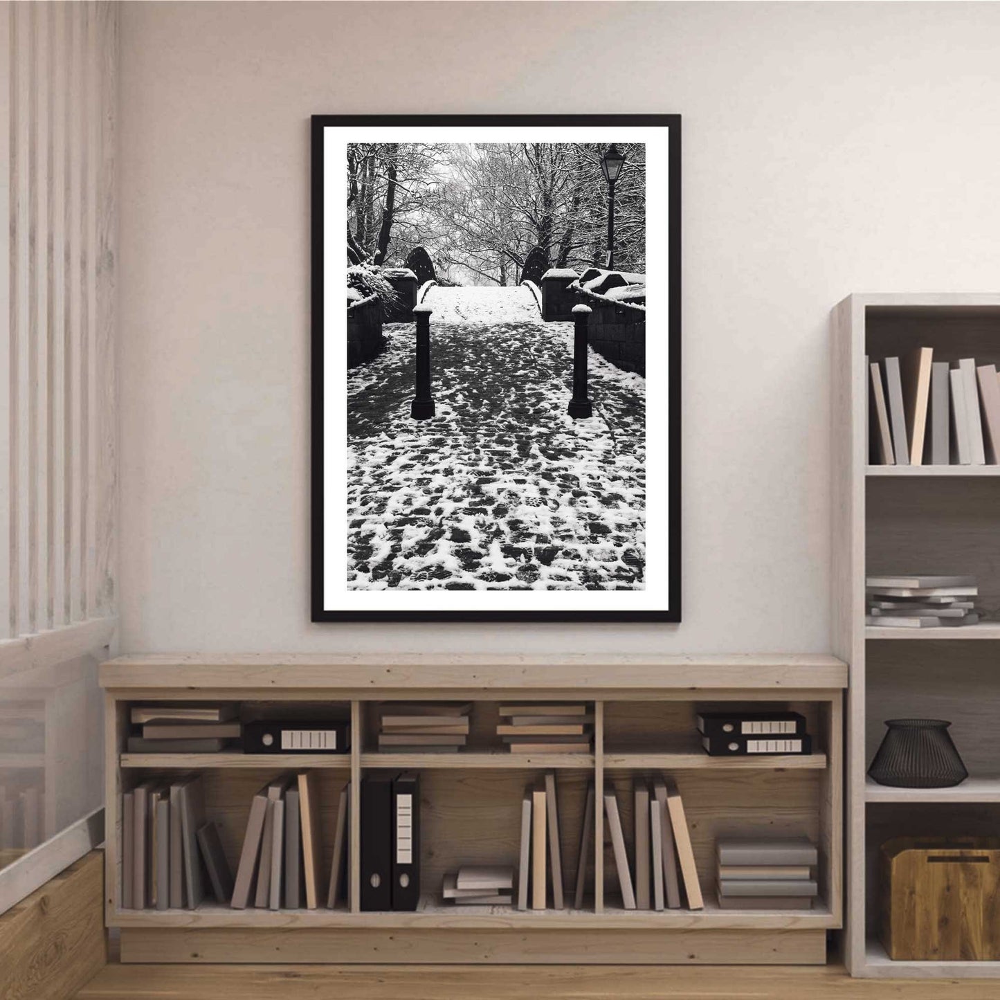 Richard Abram Photography - The photographic scenic print was taken on the Worsley canal in Greater Manchester. Taken on a wintery morning day. The image shows a snow scene with the cast-iron footbridge covered in winter snowy footprints.