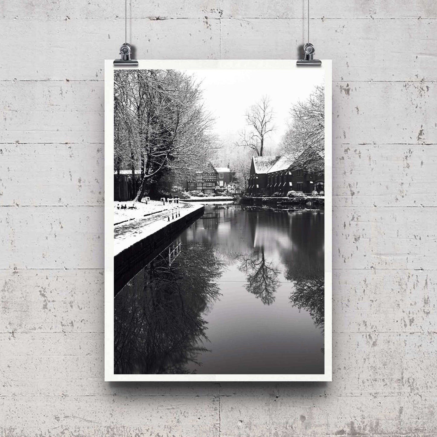 Richard Abram Photography - Black and White Winter Photo of the Packet House on Worsley Canal, Manchester UK Winter Photographic Fine Art Print A4, A3, A2