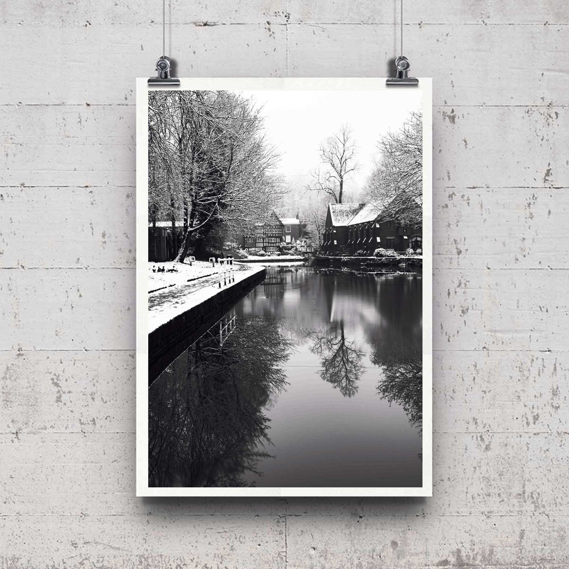 Richard Abram Photography - Black and White Winter Photo of the Packet House on Worsley Canal, Manchester UK Winter Photographic Fine Art Print A4, A3, A2