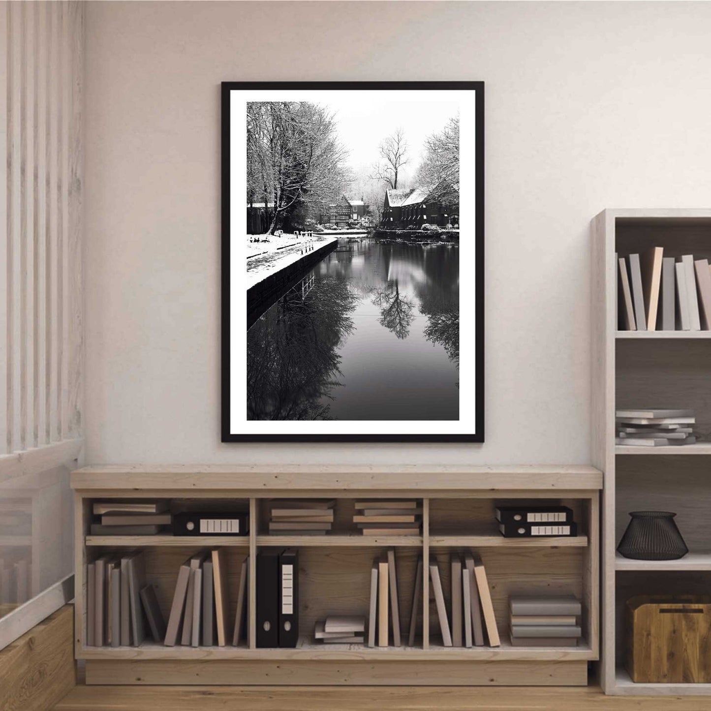 Richard Abram Photography - Black and White Winter Photo of the Packet House on Worsley Canal, Manchester UK Winter Photographic Fine Art Print A4, A3, A2
