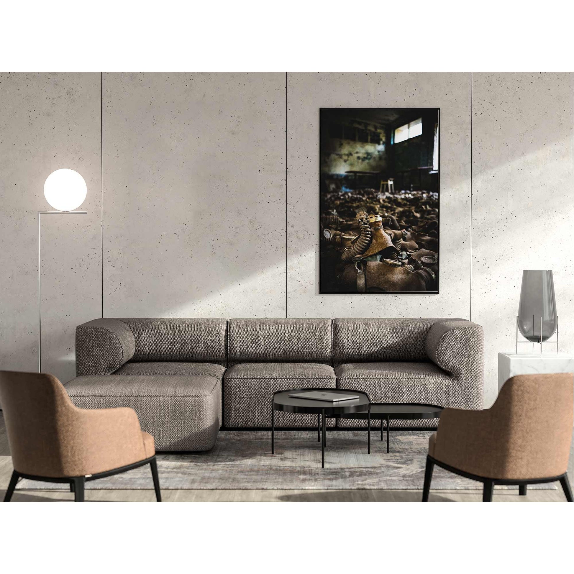 Richard Abram Photography - Photographic print of urbex photography taken in Pripyat, Chernobyl, Ukraine.
Image shows gas masks covering the floor.