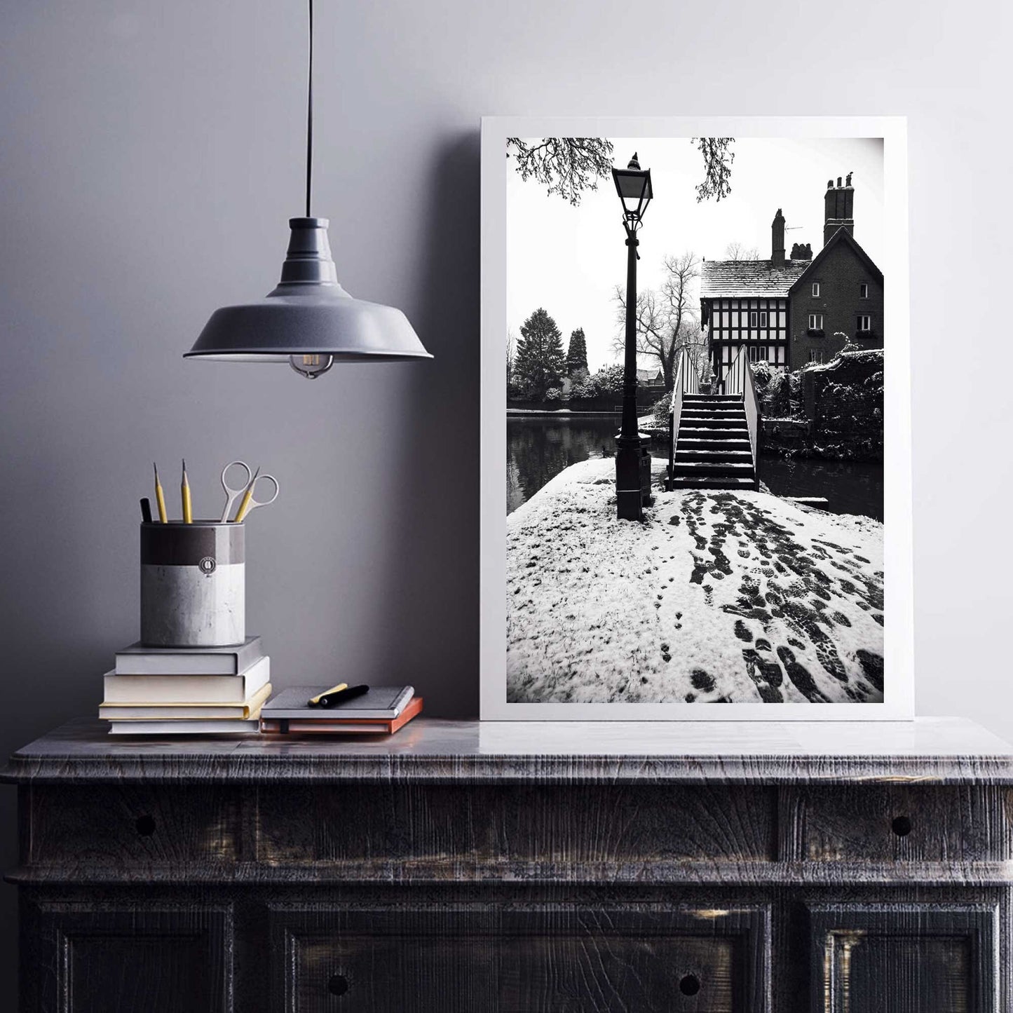 Photography by Richard Abram - Black and White Winter Photo of a Bridge with a Tudor building from Manchester (alphabet bridge in Worsley along Worsley canal)