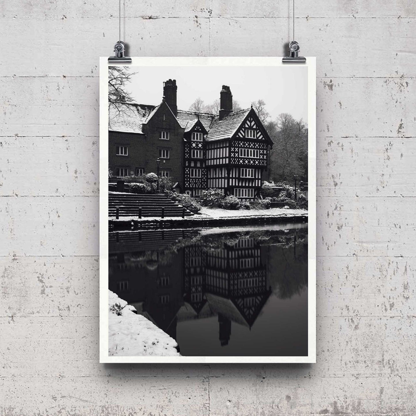 Black and White Winter Photo, Packet House on Worsley Canal Manchester, Snow Decor, Photographic Fine Art, Winter Themed Print A4, A3, A2