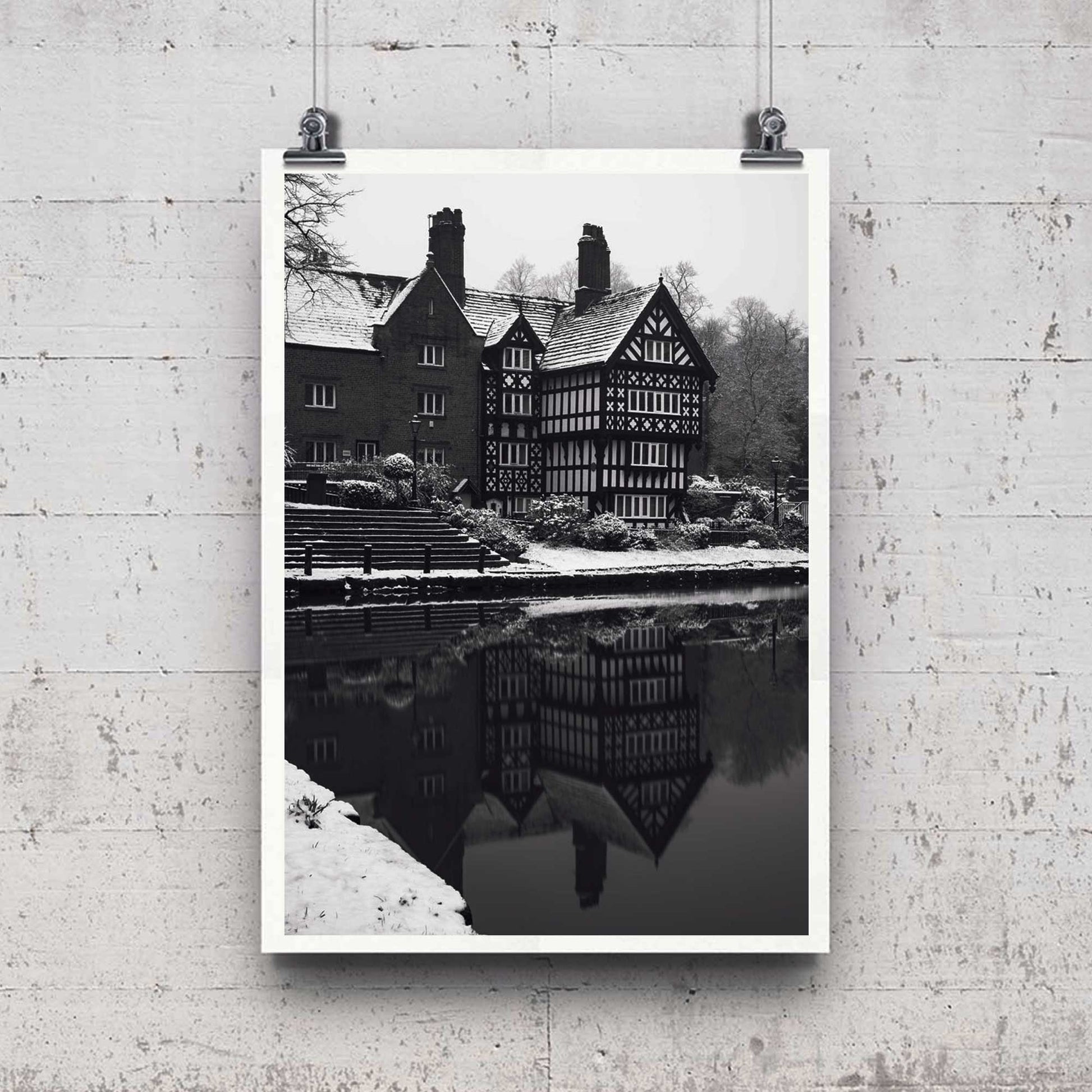 Black and White Winter Photo, Packet House on Worsley Canal Manchester, Snow Decor, Photographic Fine Art, Winter Themed Print A4, A3, A2