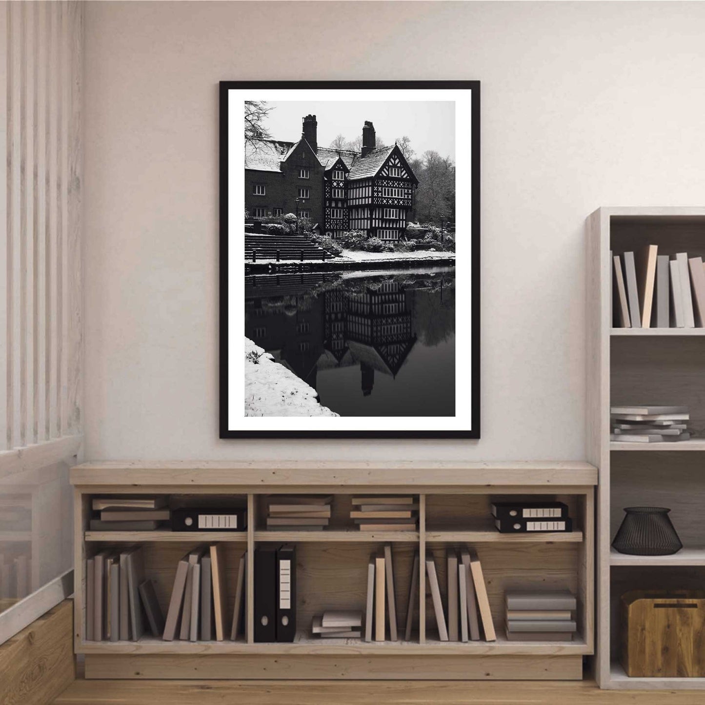 Black and White Winter Photo, Packet House on Worsley Canal Manchester, Snow Decor, Photographic Fine Art, Winter Themed Print A4, A3, A2