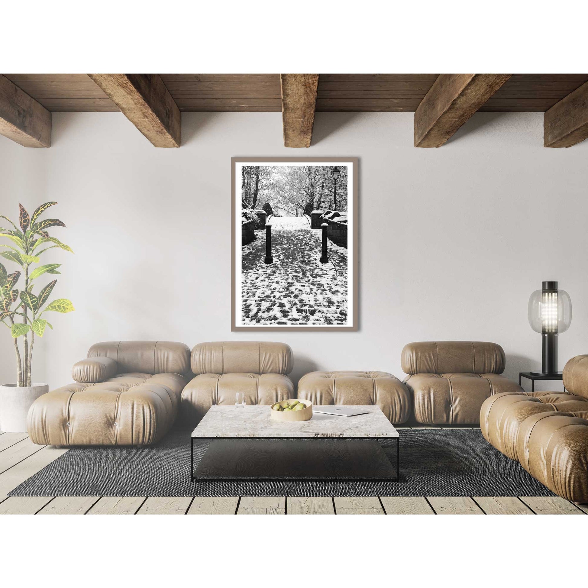 Richard Abram Photography - The photographic scenic print was taken on the Worsley canal in Greater Manchester. Taken on a wintery morning day. The image shows a snow scene with the cast-iron footbridge covered in winter snowy footprints.