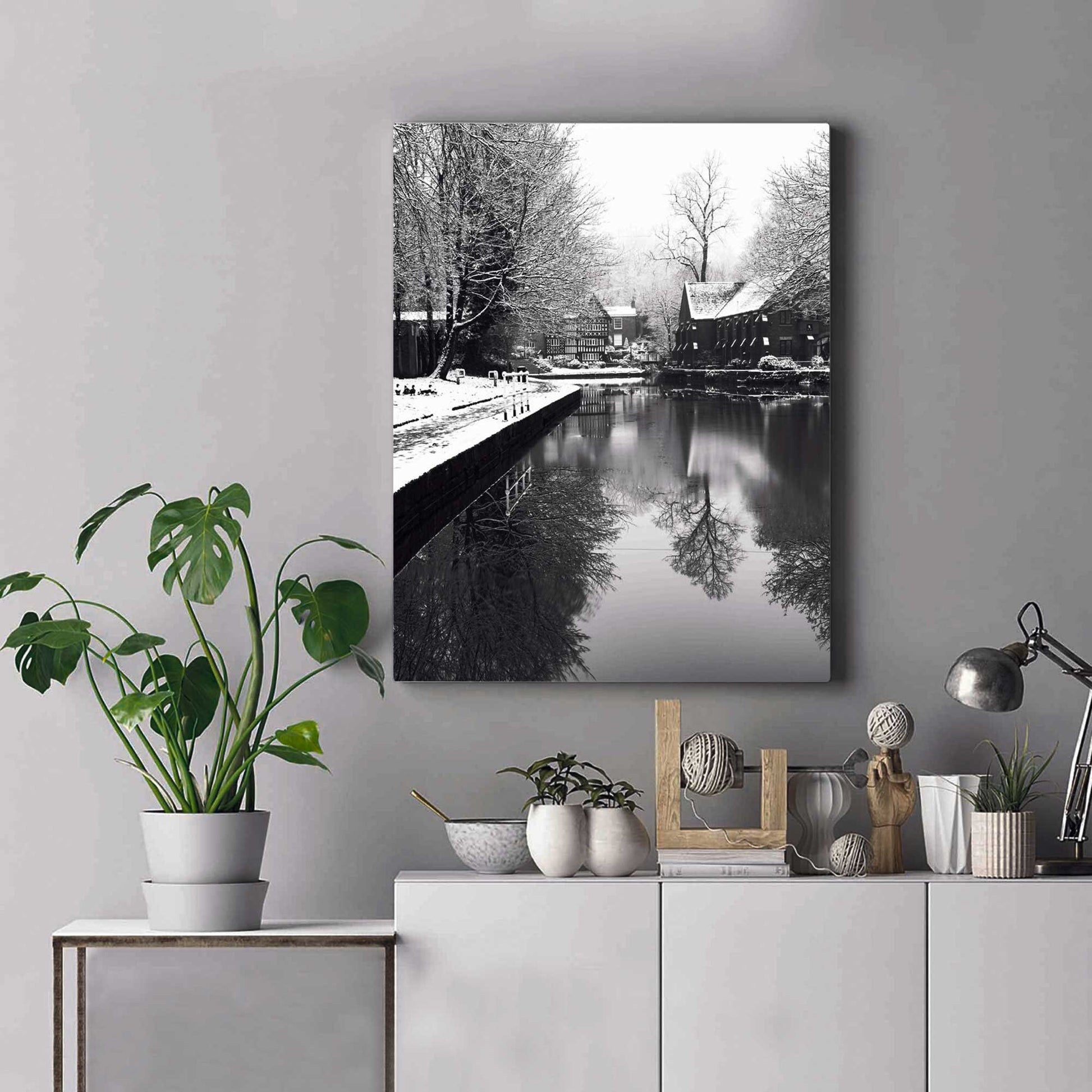 Richard Abram Photography - Black and White Winter Photo of the Packet House on Worsley Canal, Manchester UK Winter Photographic Fine Art Print A4, A3, A2